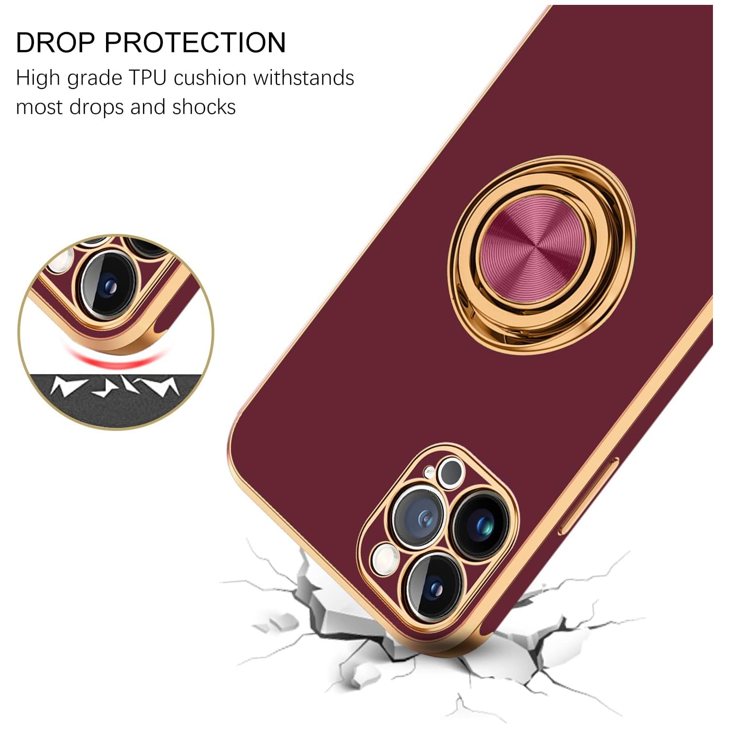 iPhone 13 Pro Case, Case iPhone 13 Pro, Ring Holder Edge Plating Rotation Kickstand Soft Silicone TPU Bumper