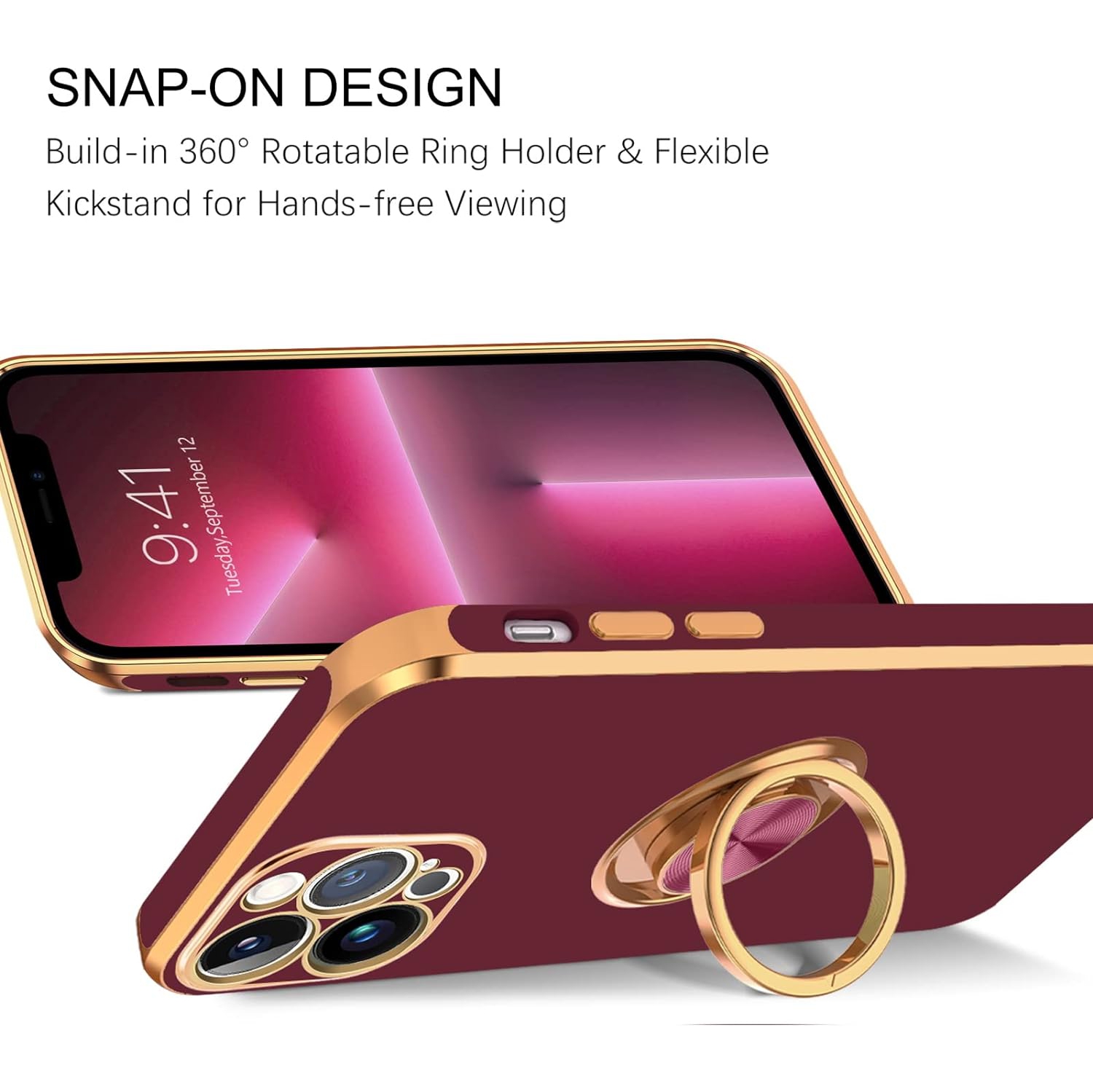 iPhone 13 Pro Case, Case iPhone 13 Pro, Ring Holder Edge Plating Rotation Kickstand Soft Silicone TPU Bumper