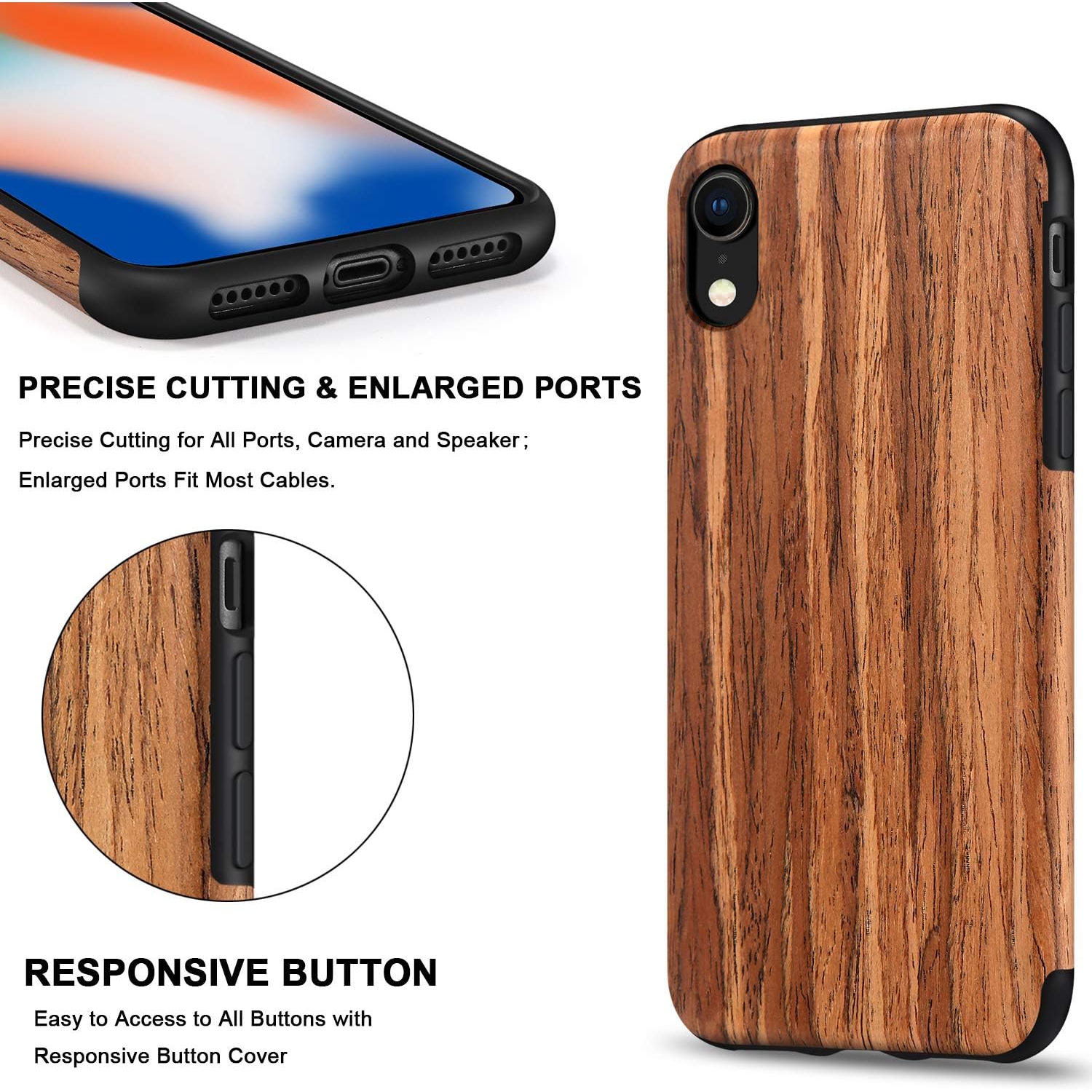 iPhone XR Case Wood Grain and Flexible TPU Silicone Hybrid Slim Case Compatible with iPhone XR - Red