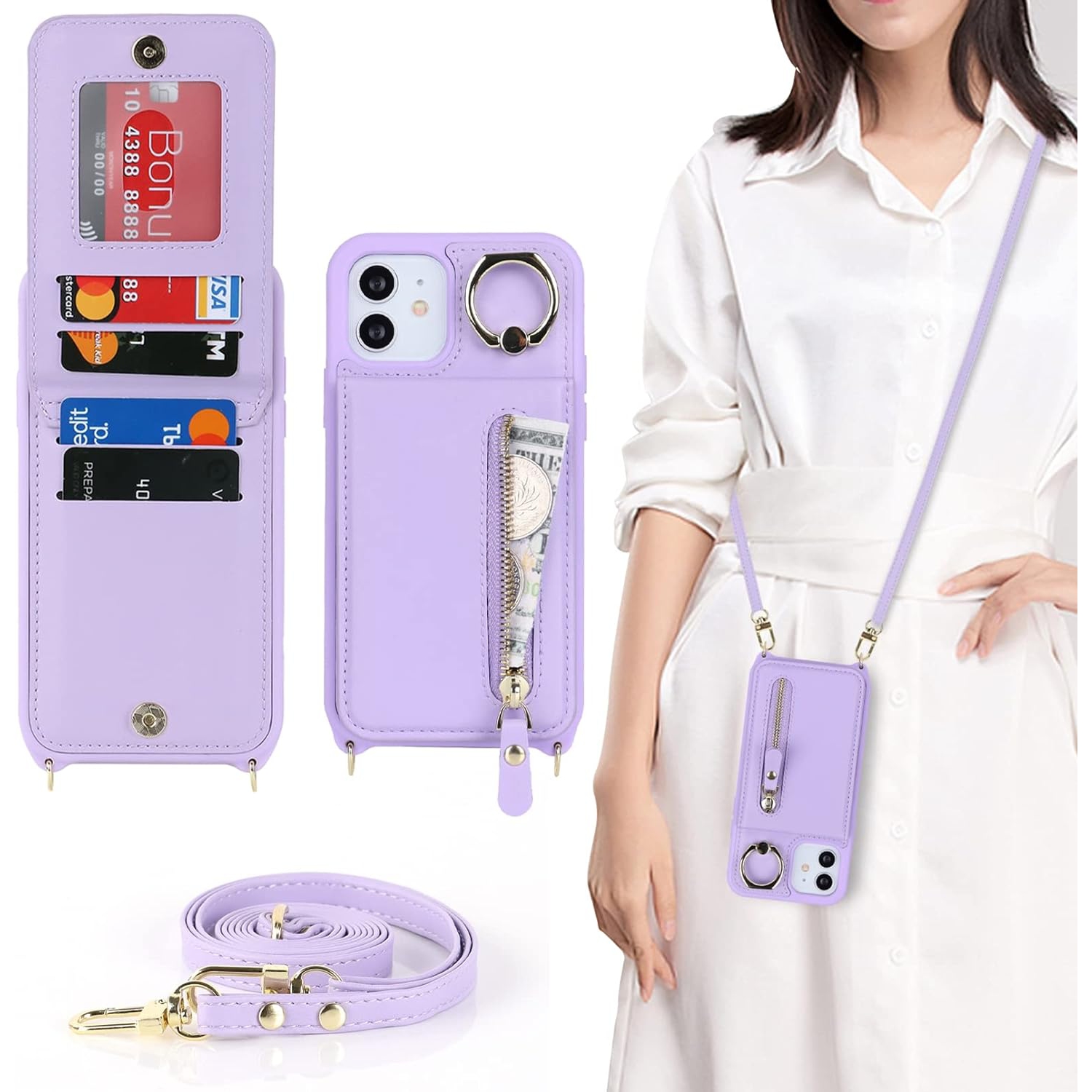 iPhone 12/12 Pro Case for Women with Card Holder, iPhone 12 Phone Case Wallet with Strap,Crossbody Lanyard Cases