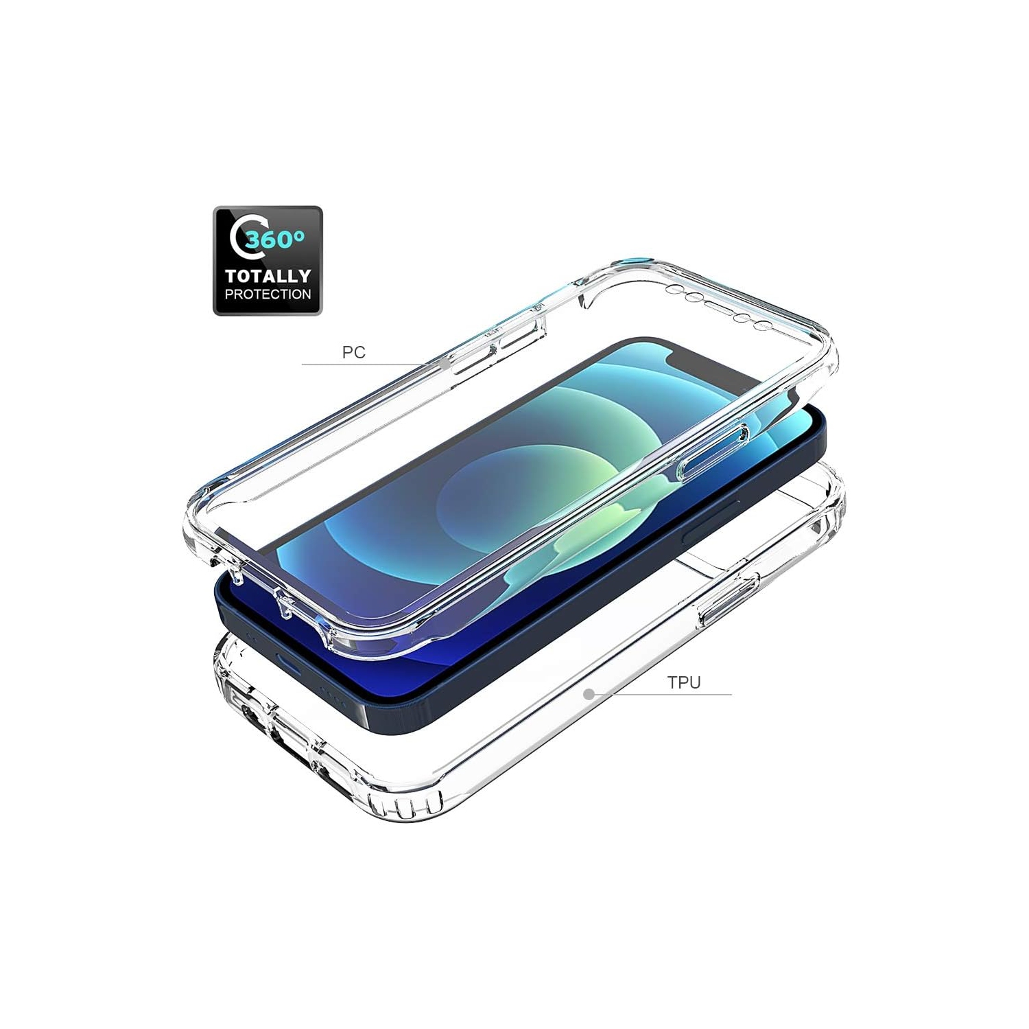 Étui iPhone 12 Mini, étui protecteur intégral robuste cristal solide 360° avec protecteur d'écran