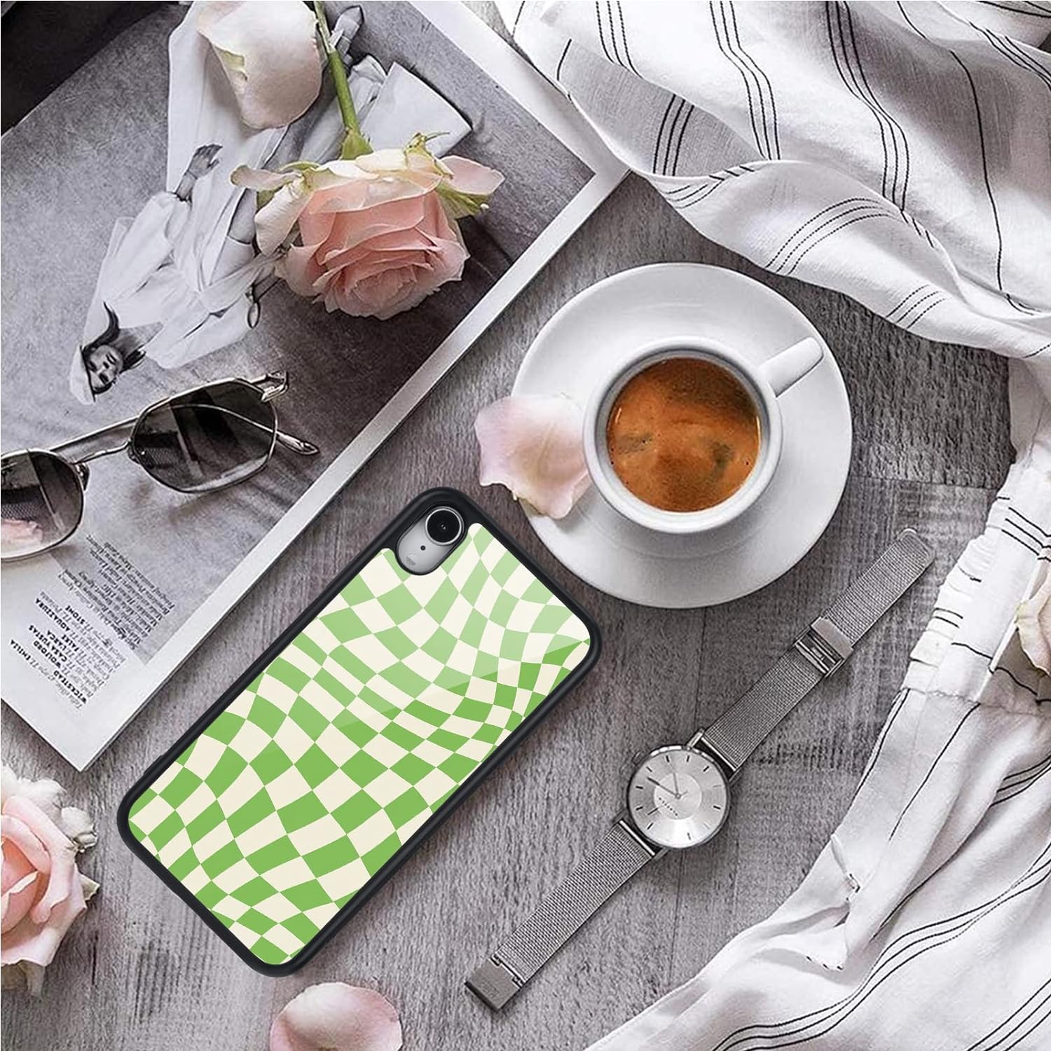 Compatible with iPhone X/iPhone Xs Case Twist Green Checkerboard Design, Hard Back with Grid Plaid Tartan