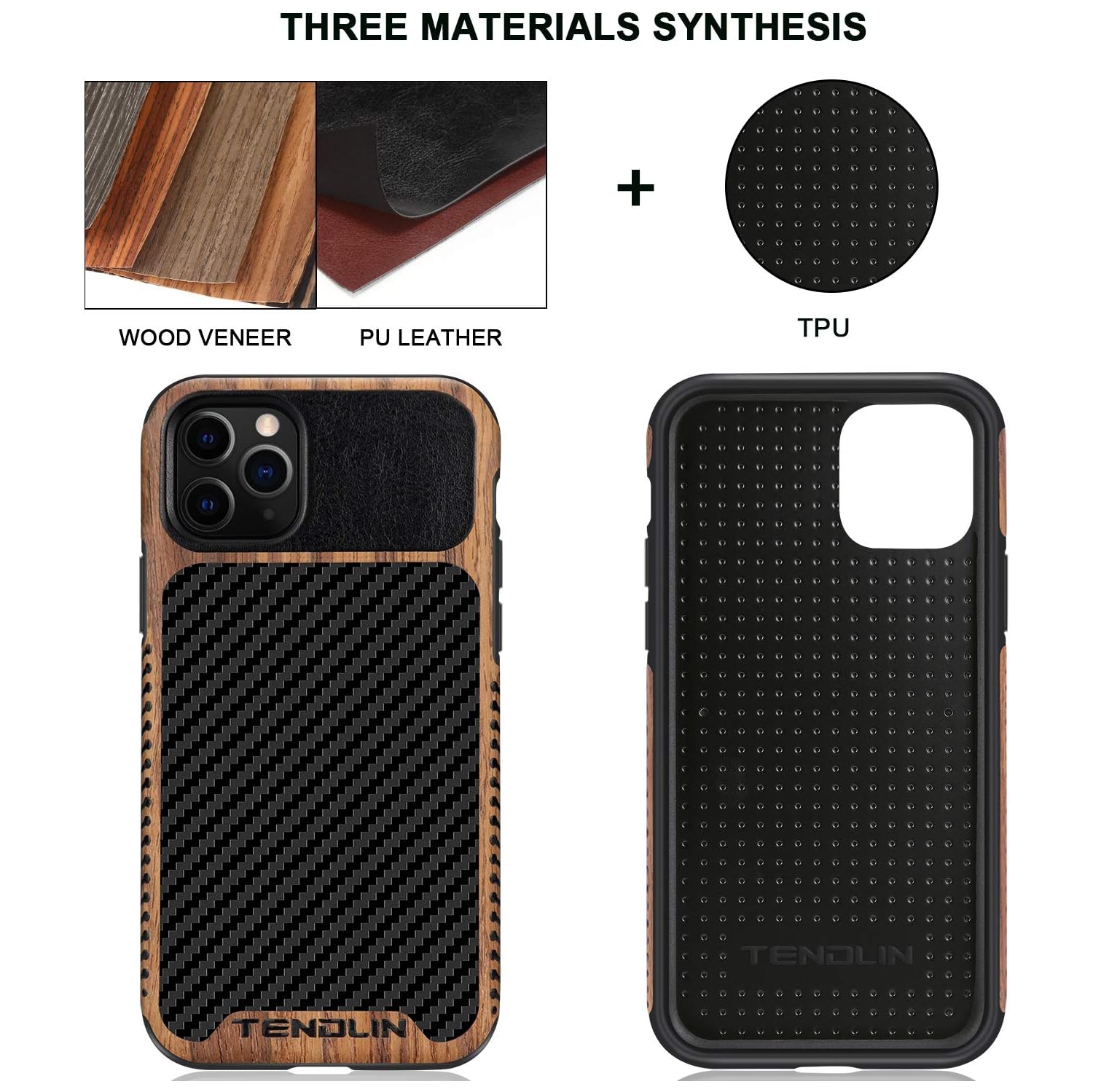 Compatible with iPhone 11 Pro Case Wood Grain with Carbon Fiber Texture Design Leather Hybrid Case