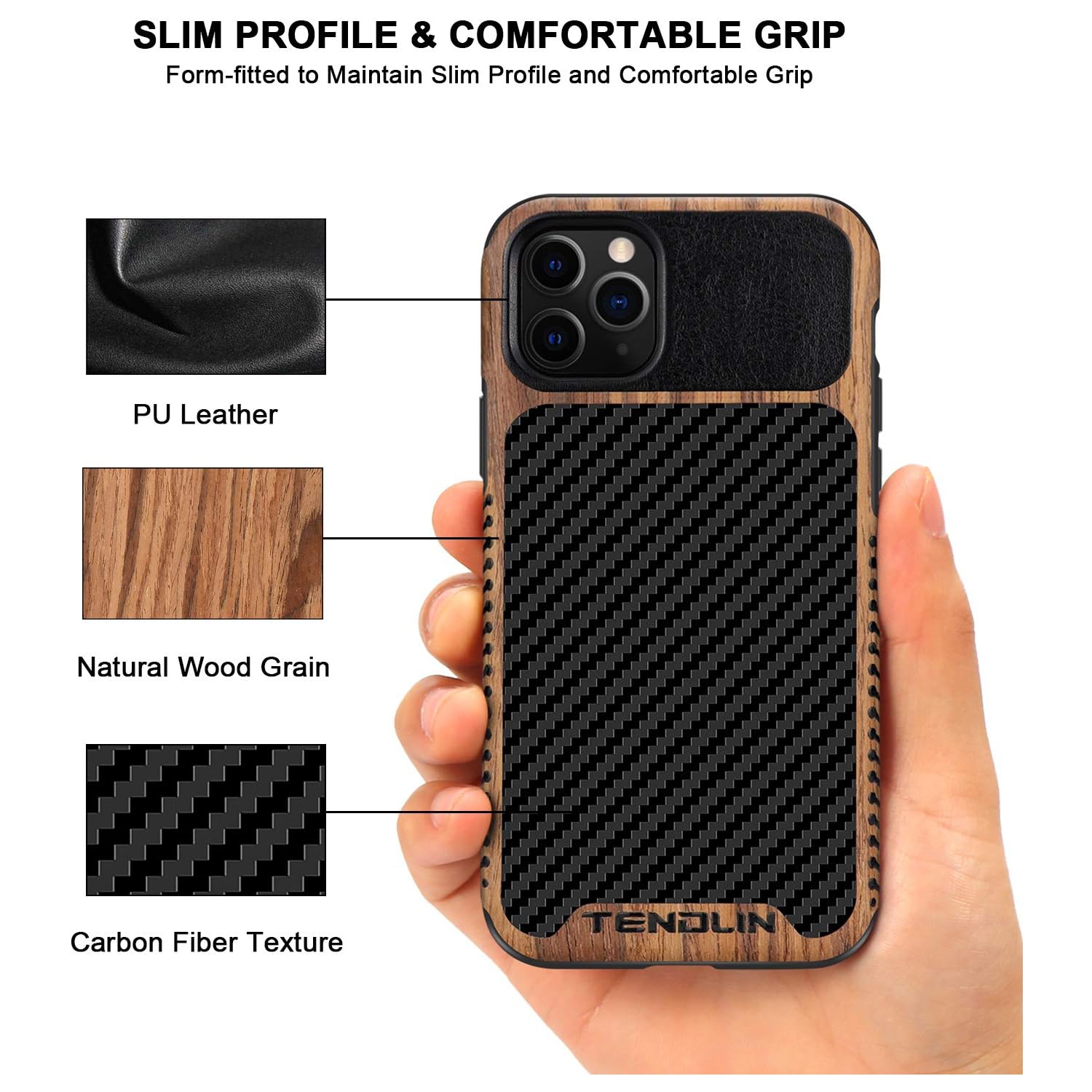 Compatible with iPhone 11 Pro Case Wood Grain with Carbon Fiber Texture Design Leather Hybrid Case