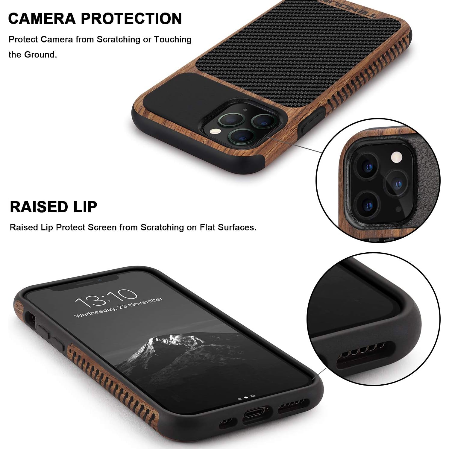 Compatible with iPhone 11 Pro Case Wood Grain with Carbon Fiber Texture Design Leather Hybrid Case