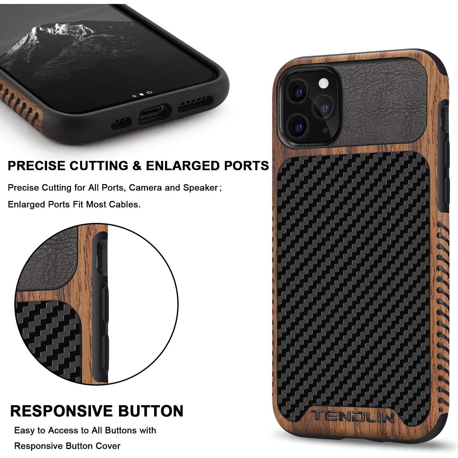 Compatible with iPhone 11 Pro Case Wood Grain with Carbon Fiber Texture Design Leather Hybrid Case