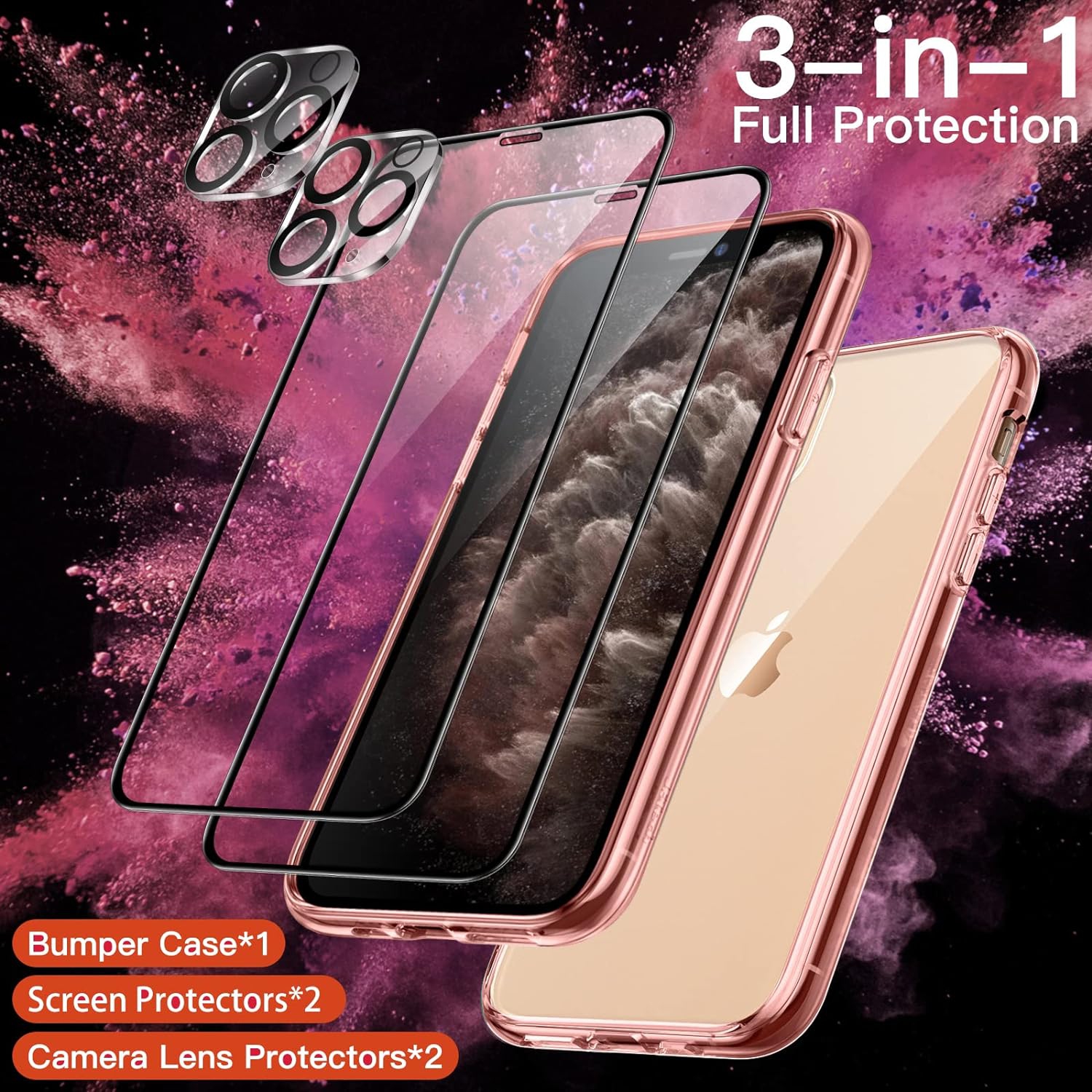 3 in 1 Case for iPhone 11 Pro 5.8-Inch, with 2-Pack Screen Protector and 2-Pack Camera Lens Protector, Full