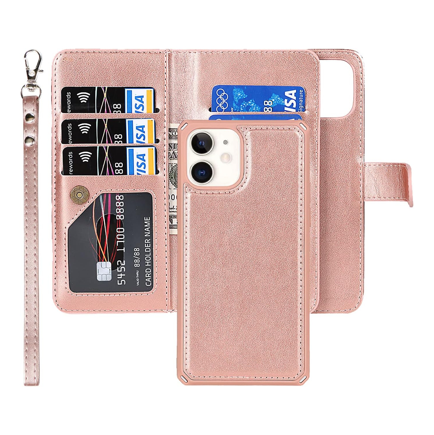 for iPhone 12 Mini Wallet Case with Card Holder and Wrist Strap, PU Leather Kickstand Card Slots Magnetic