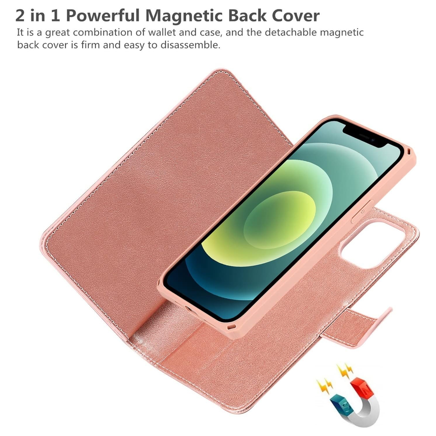 for iPhone 12 Mini Wallet Case with Card Holder and Wrist Strap, PU Leather Kickstand Card Slots Magnetic