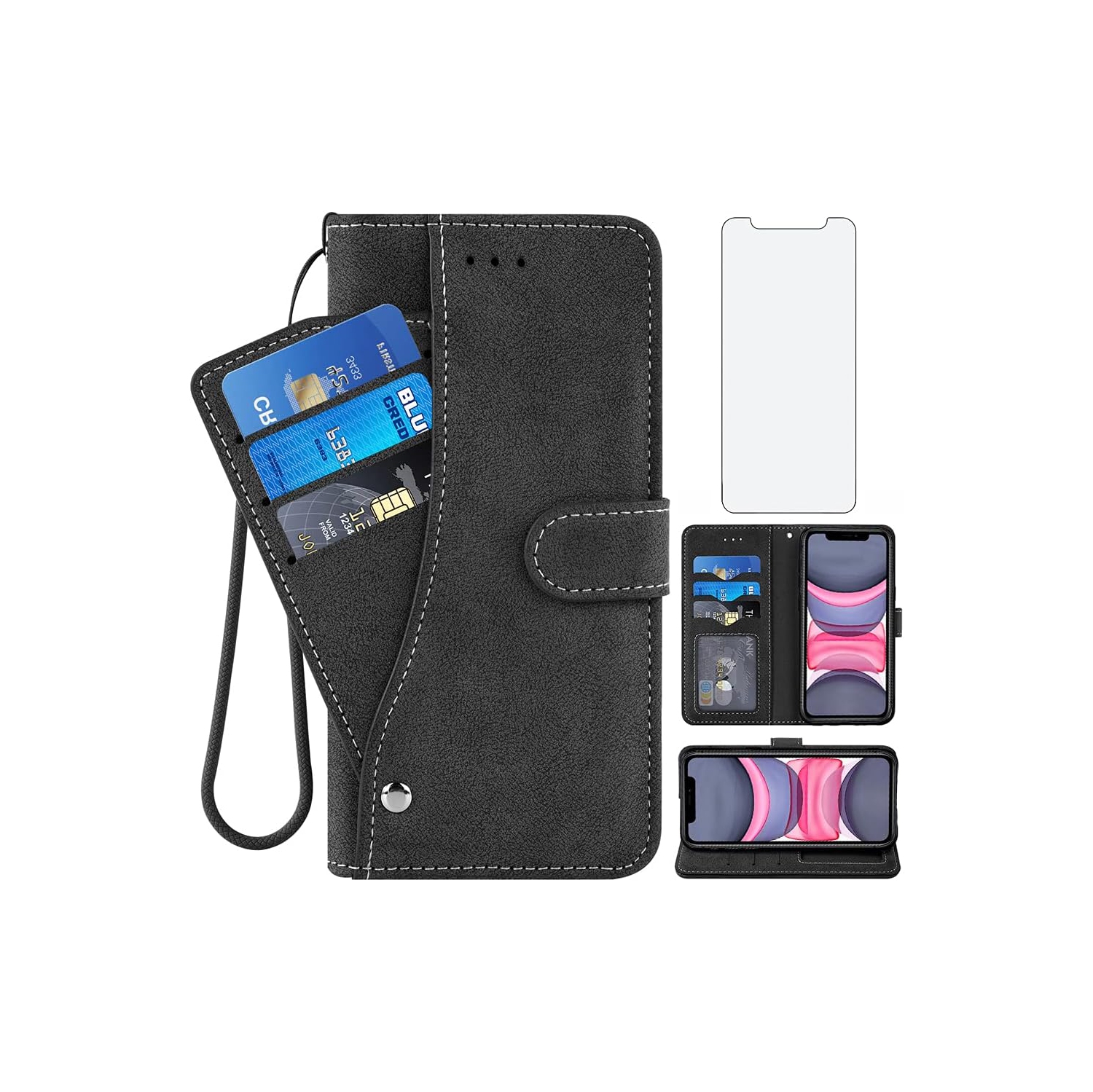 Compatible with iPhone 11 Pro 5.8 Wallet Case and Tempered Glass Screen Protector Flip Cover Leather Purse Credit Card