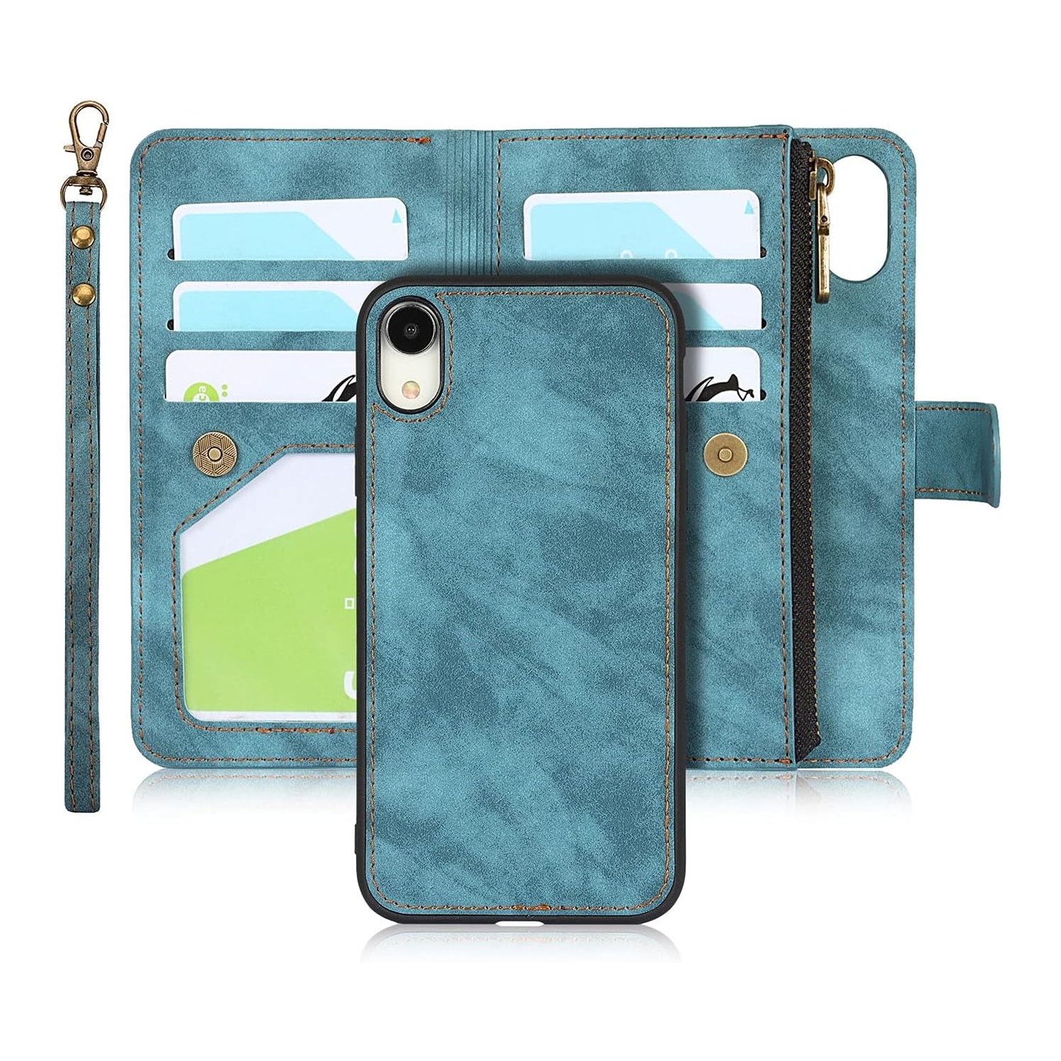 iPhone XR Wallet Case with Card Holder, 2 in 1 PU Leather Case with Magnetic Clasp Zipper Pocket Shockproof