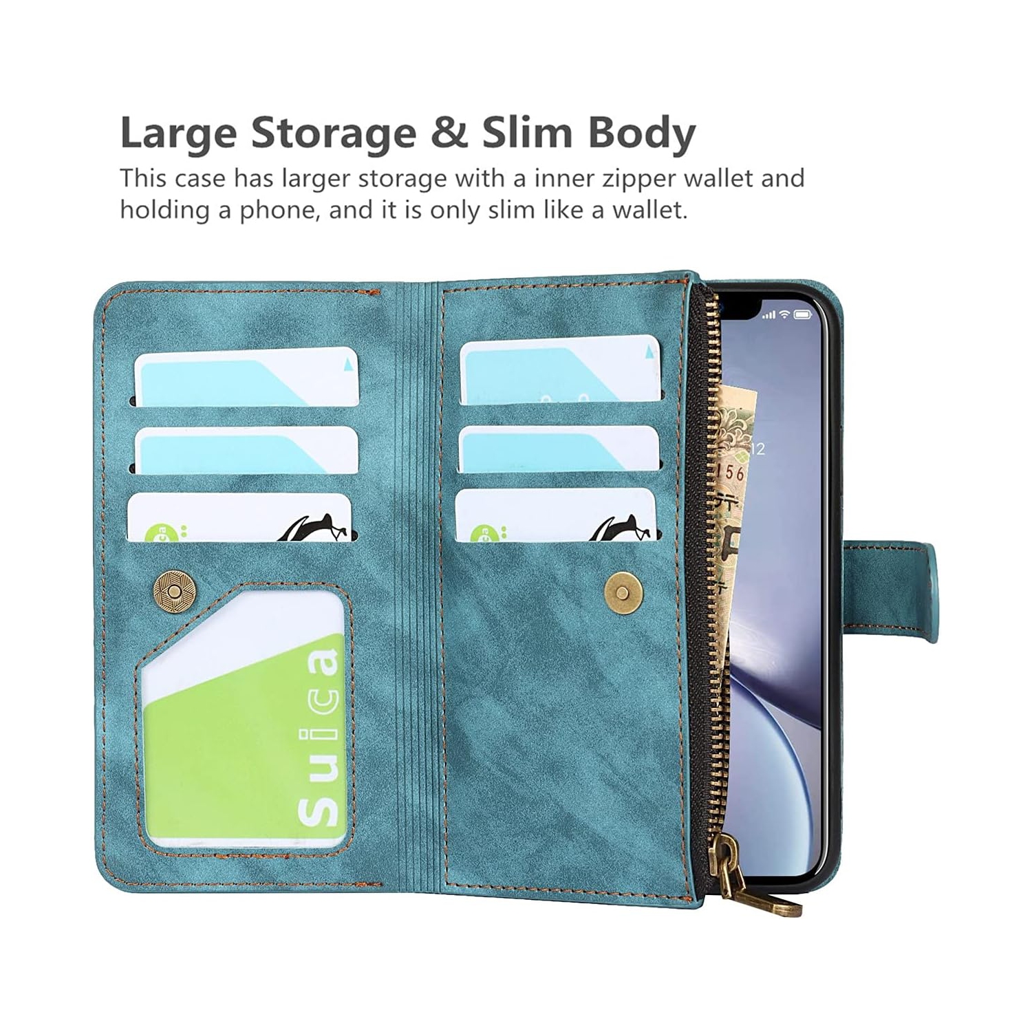 iPhone XR Wallet Case with Card Holder, 2 in 1 PU Leather Case with Magnetic Clasp Zipper Pocket Shockproof