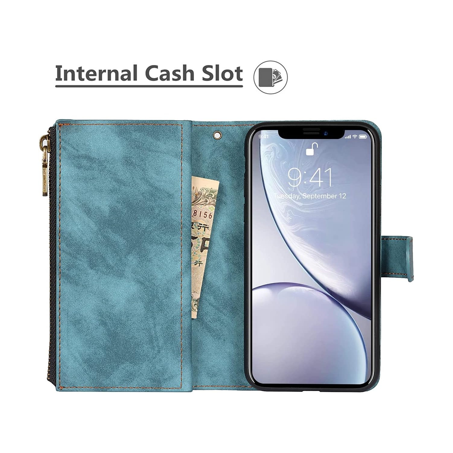 iPhone XR Wallet Case with Card Holder, 2 in 1 PU Leather Case with Magnetic Clasp Zipper Pocket Shockproof