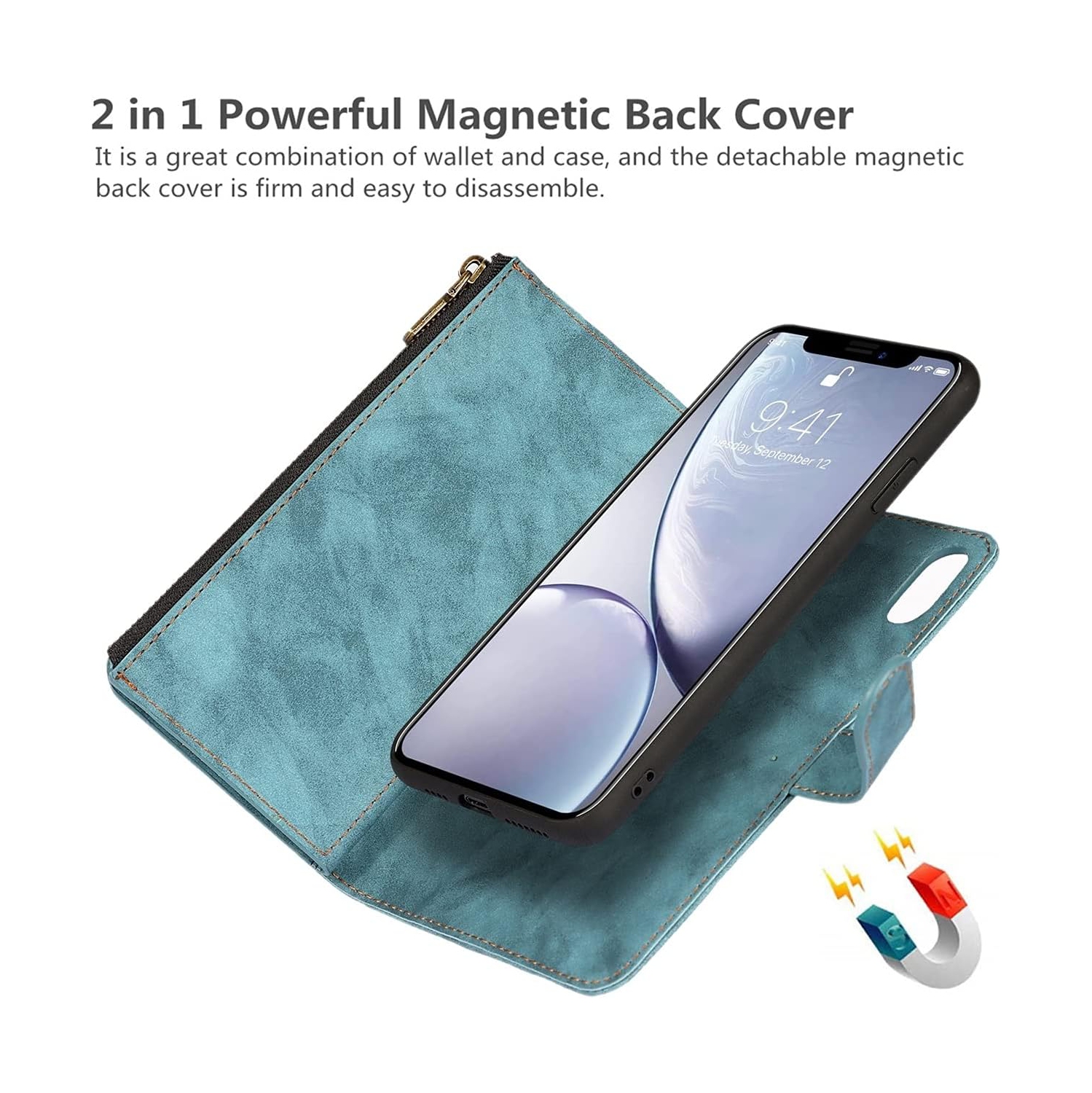 iPhone XR Wallet Case with Card Holder, 2 in 1 PU Leather Case with Magnetic Clasp Zipper Pocket Shockproof