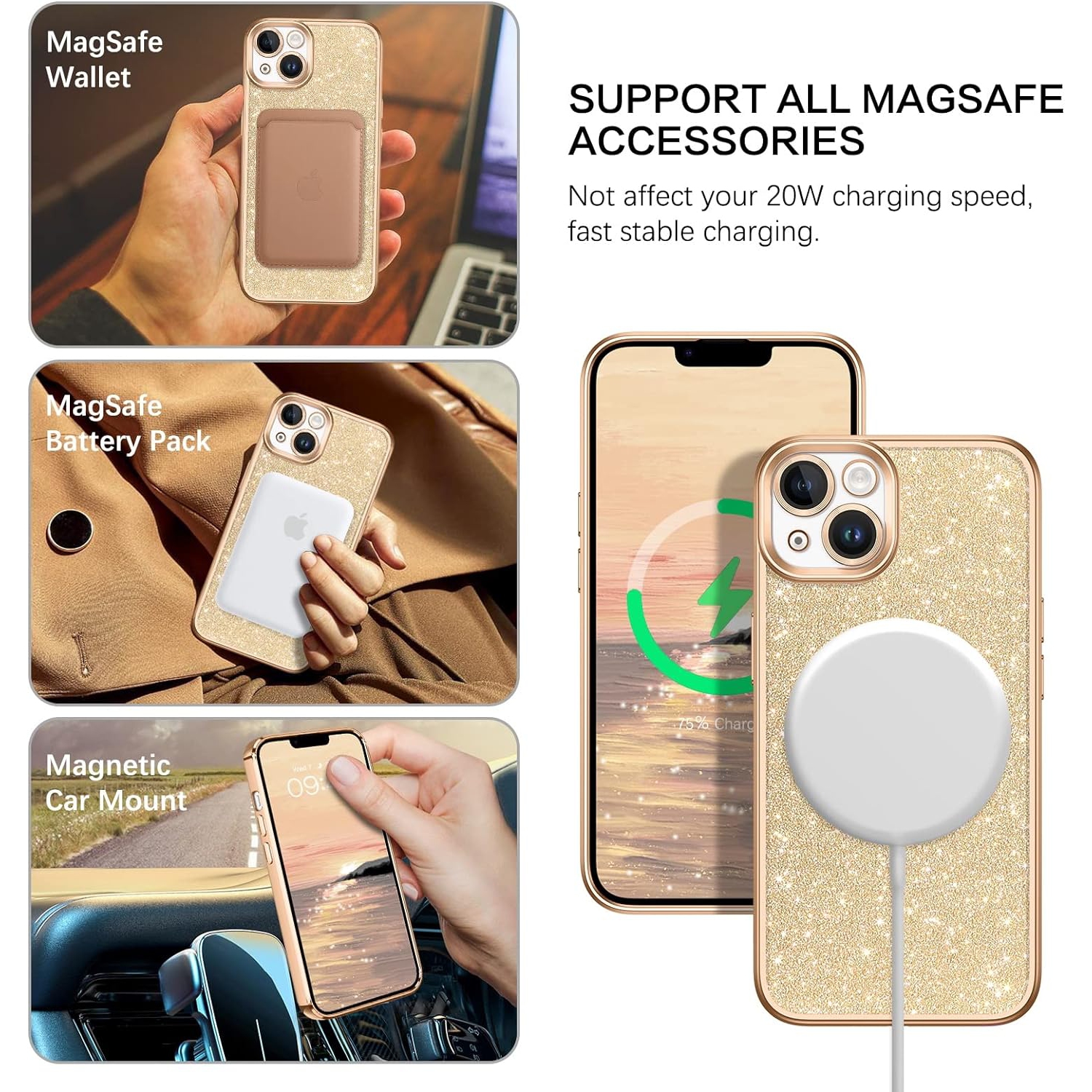 iPhone 14 Case, Phone Case iPhone 14, Cute Glitter Luxury Bling Support Magsafe Cover Shockproof Full Body