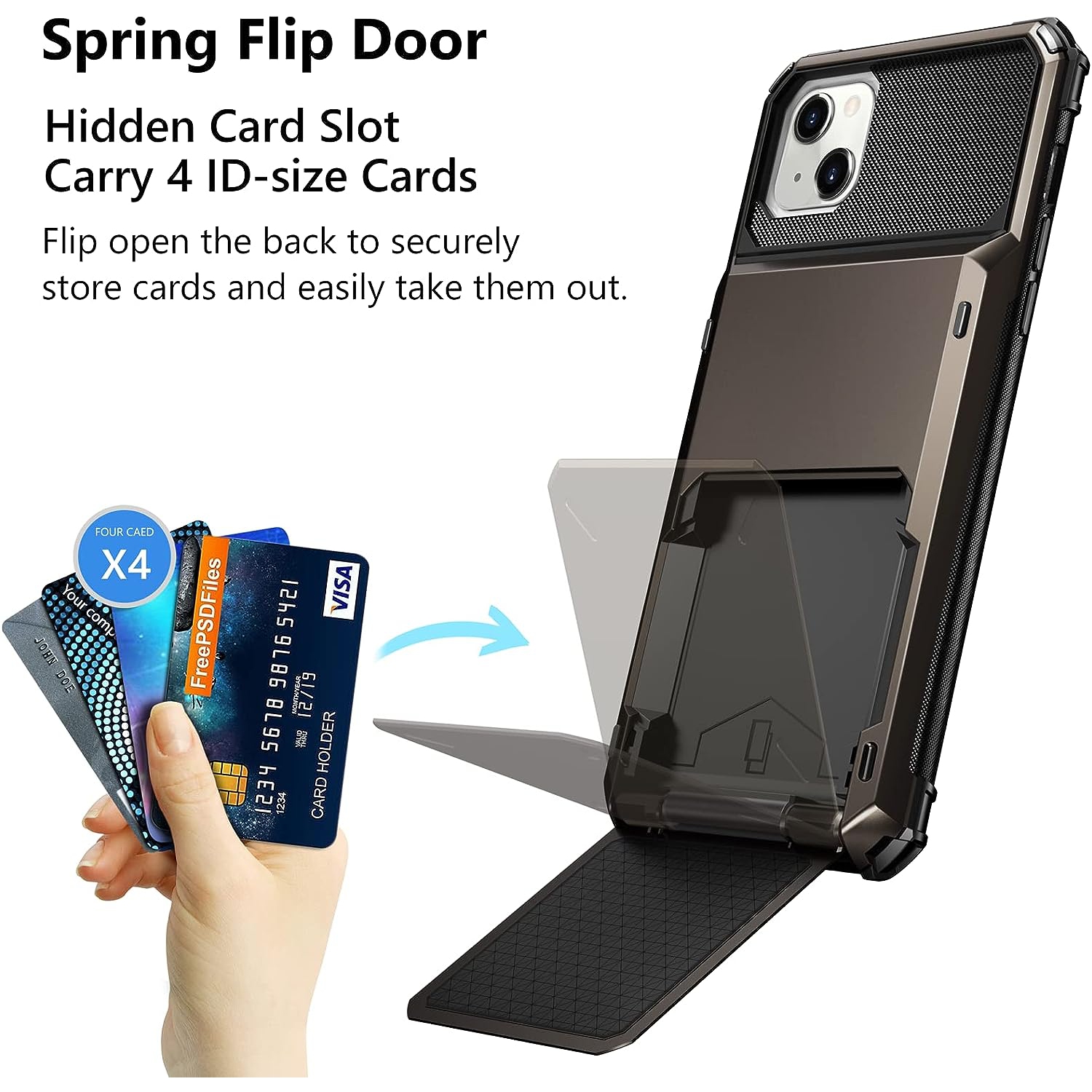 for iPhone 14 Case 5G Wallet 4-Card Holder ID Slot Flip Door Hidden Pocket Protective Hard Shell Back Cover