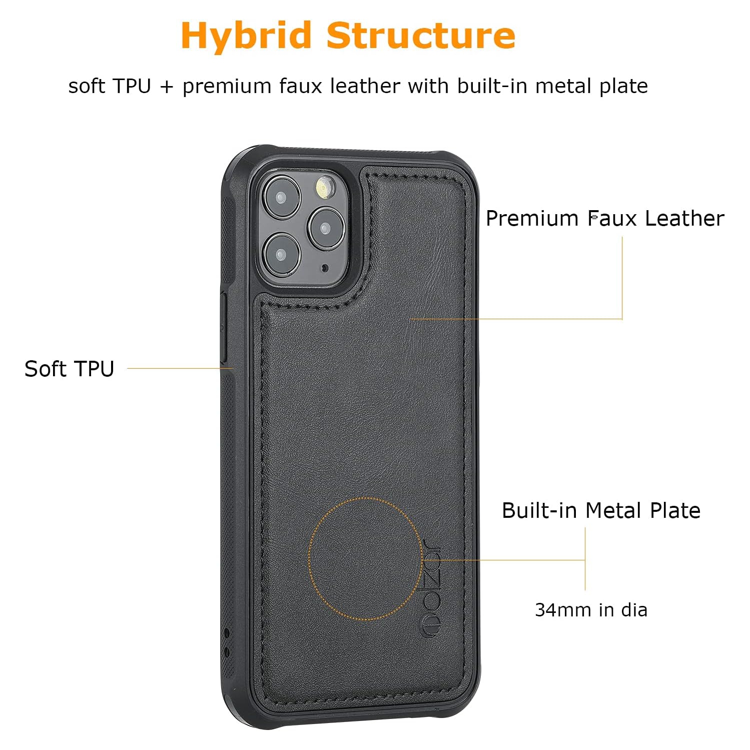 MAG Series iPhone 11 Pro Case with Faux Leather, Built-in Metal Plate for Magnetic Mount, Wireless Charging