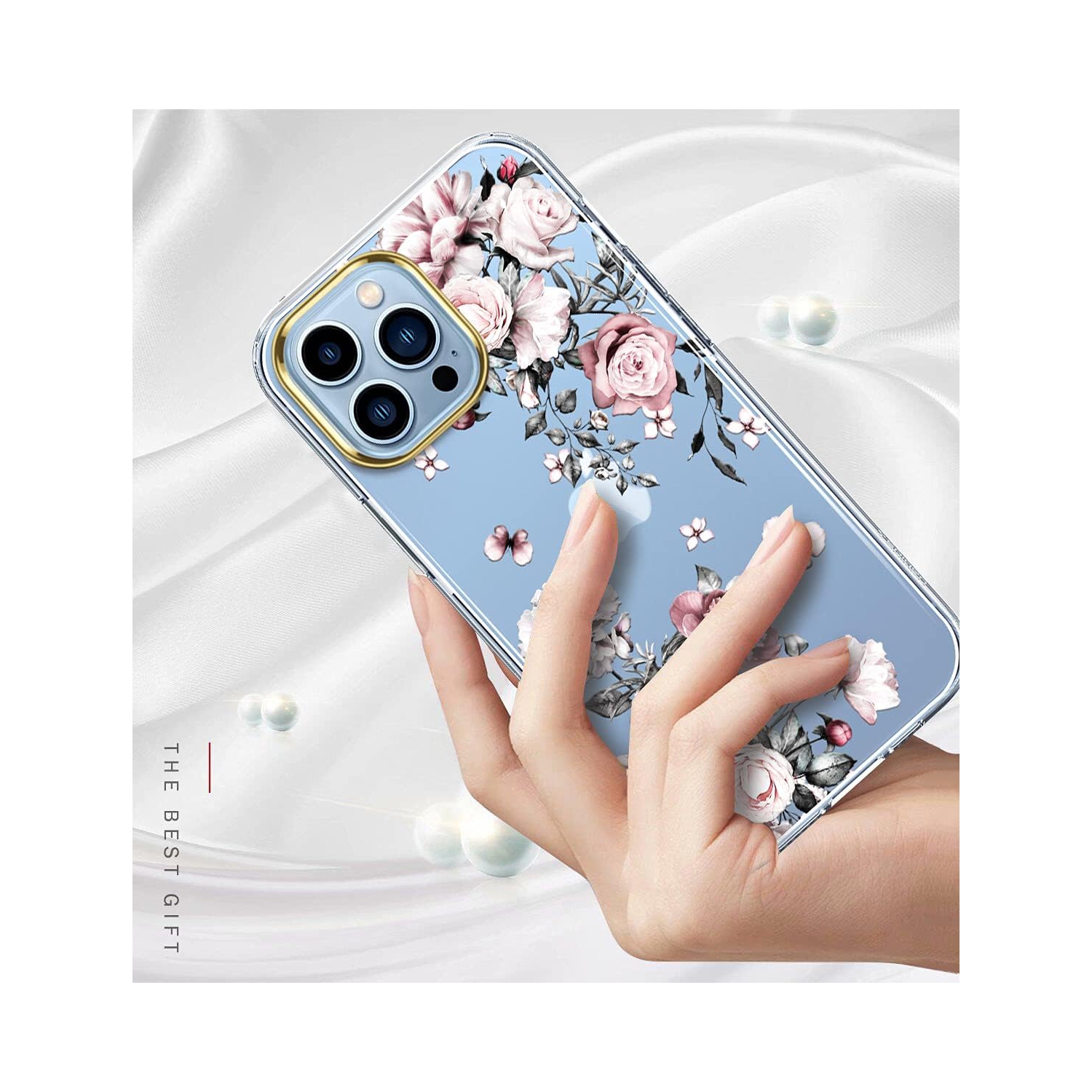 Compatible with iPhone 13 Pro Case with Flower,for Girly Women,Shockproof Clear Floral Pattern Hard Back Cover