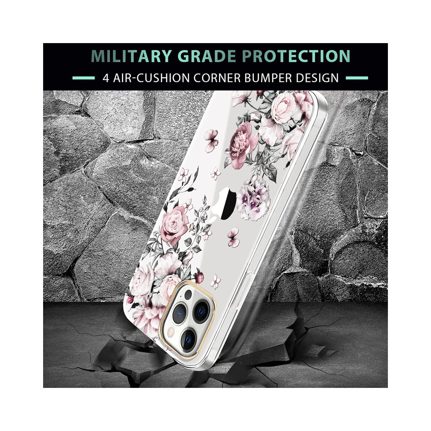Compatible with iPhone 13 Pro Case with Flower,for Girly Women,Shockproof Clear Floral Pattern Hard Back Cover