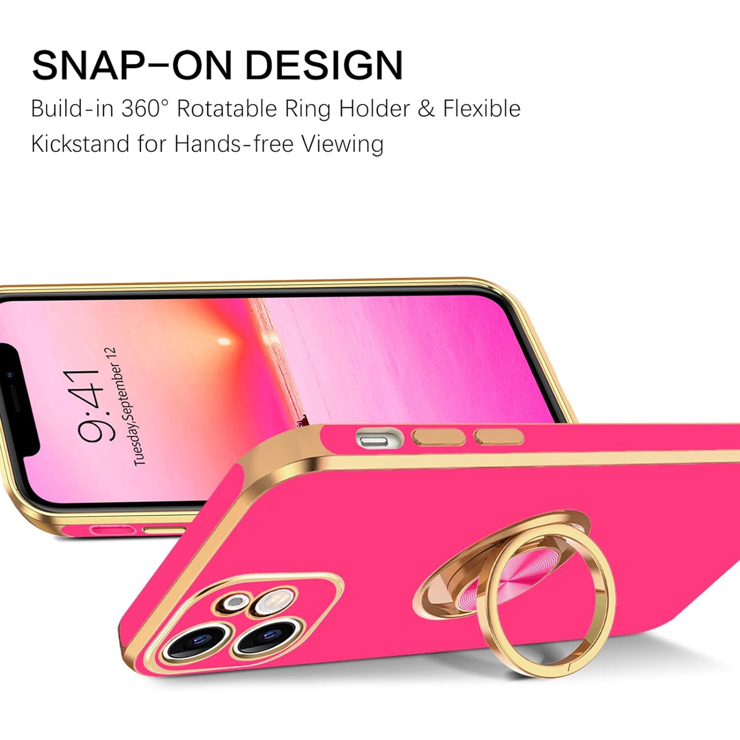 iPhone 12 Case, Case iPhone 12 Ring Holder Edge Plating Rotation Kickstand Soft Silicone TPU Bumper Women