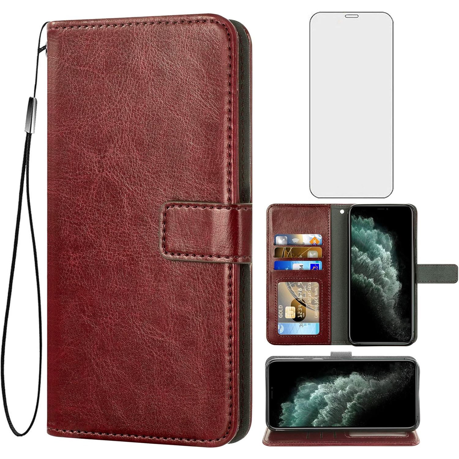 Compatible with iPhone 11 Pro 5.8 Wallet Case Tempered Glass Screen Protector and Flip Cover Card Holder Cell