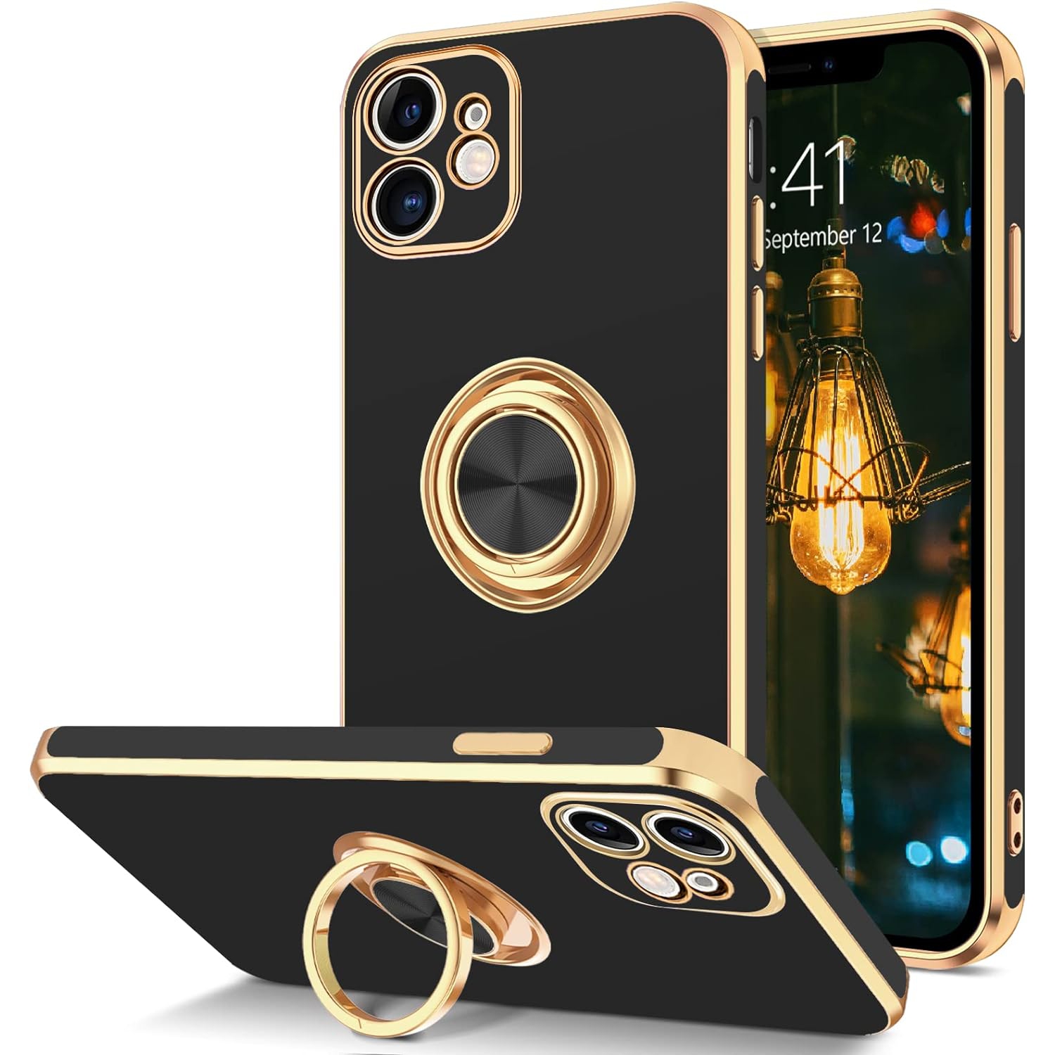 iPhone 12 Mini Case, 360° Rotation Kickstand Ring Holder Plating Edge Soft TPU Bumper Women Girls Men Slim