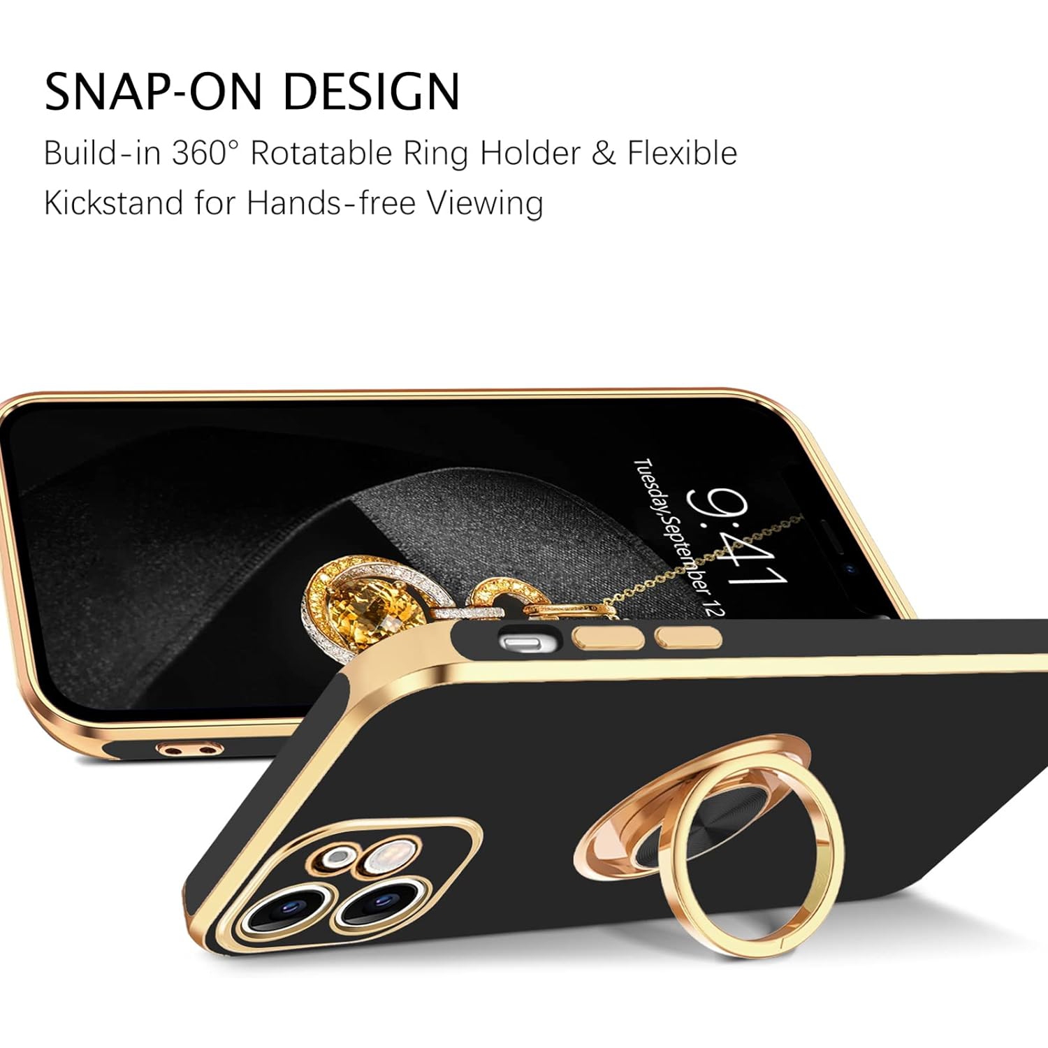 iPhone 12 Mini Case, 360° Rotation Kickstand Ring Holder Plating Edge Soft TPU Bumper Women Girls Men Slim