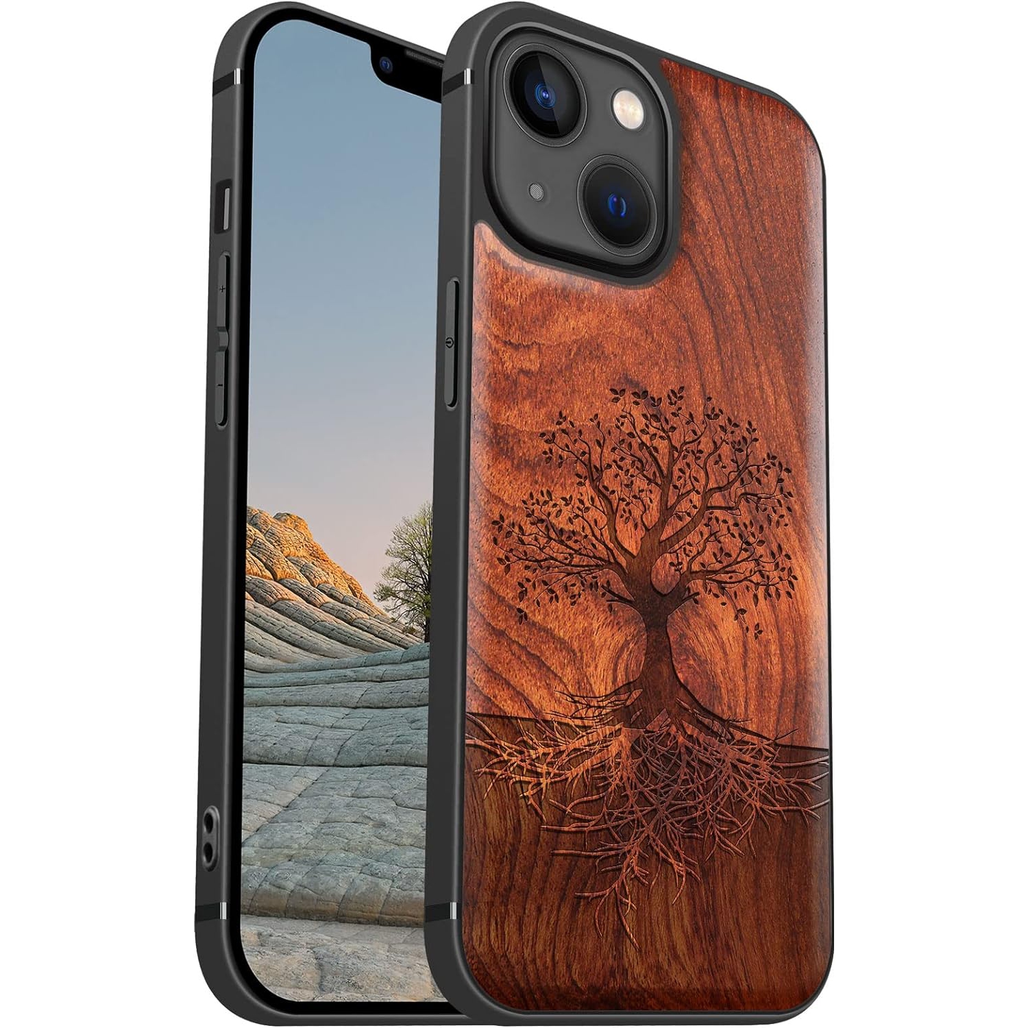 Magnetic Wood Case for iPhone 13 Mini Case [Hard Real Wood & Black Soft TPU] Shockproof Protective Cover Unique
