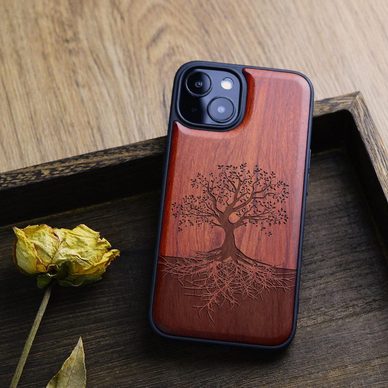 Magnetic Wood Case for iPhone 13 Mini Case [Hard Real Wood & Black Soft TPU] Shockproof Protective Cover Unique