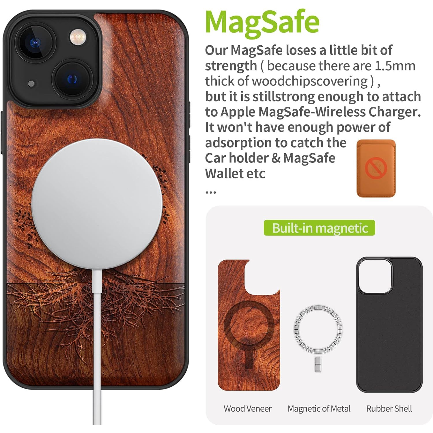 Magnetic Wood Case for iPhone 13 Mini Case [Hard Real Wood & Black Soft TPU] Shockproof Protective Cover Unique