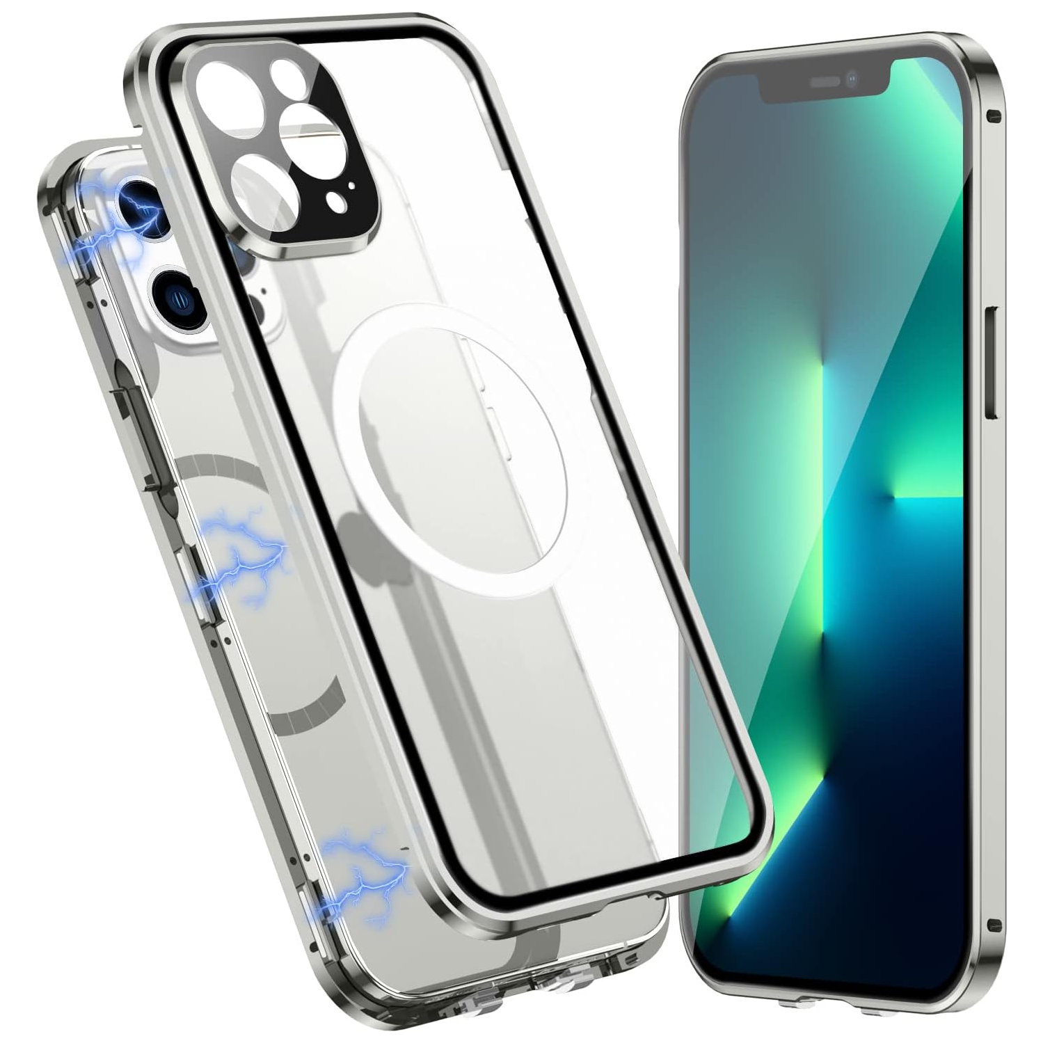 Étui pour iPhone 13 Pro, compatible avec MagSafe 360 degrés Full Body Protection Case Magnetic Attraction Metal