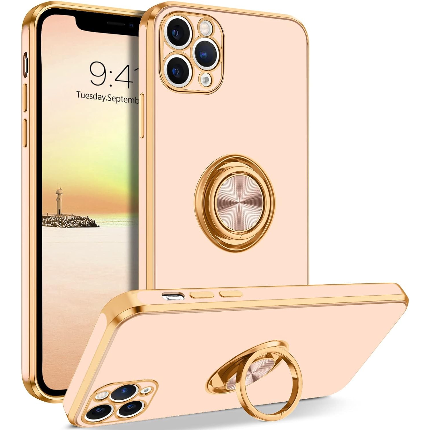 iPhone 11 Pro Max Case, Ring Holder Edge Plating Rotation Kickstand Soft Silicone TPU Bumper Women Girls Slim