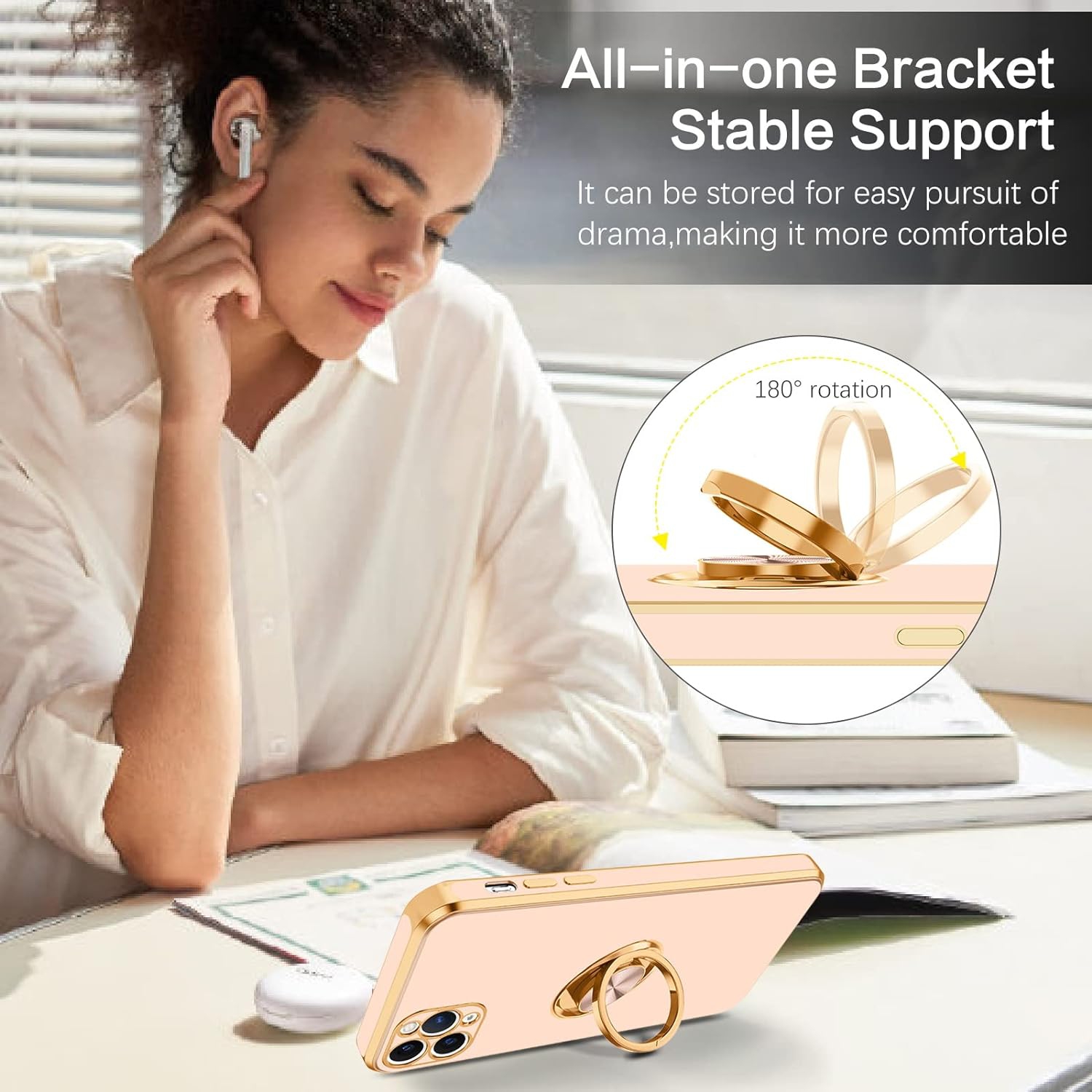 iPhone 11 Pro Max Case, Ring Holder Edge Plating Rotation Kickstand Soft Silicone TPU Bumper Women Girls Slim