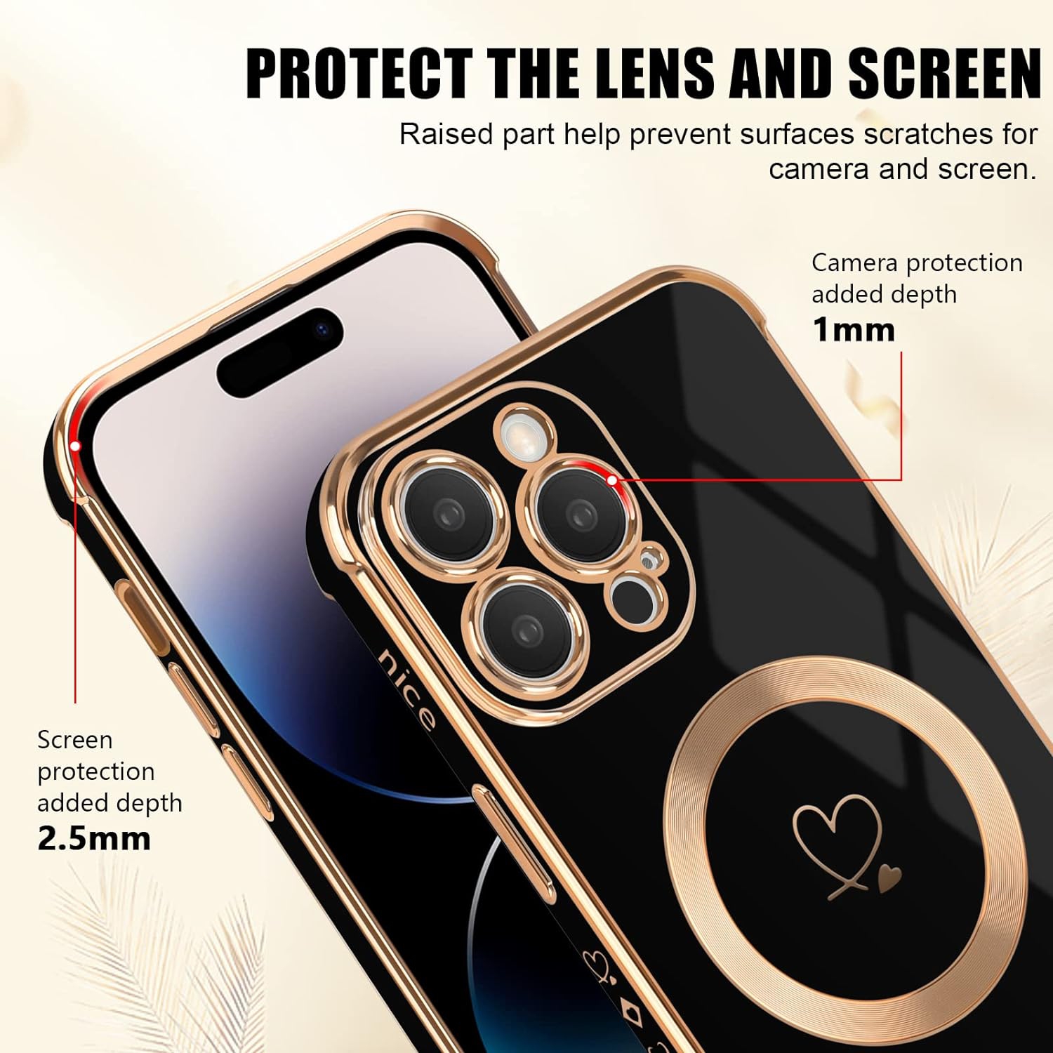Étui magnétique pour iPhone 14 Pro Max [compatible avec MagSafe], filles femmes cute Love Heart Pattern Plating
