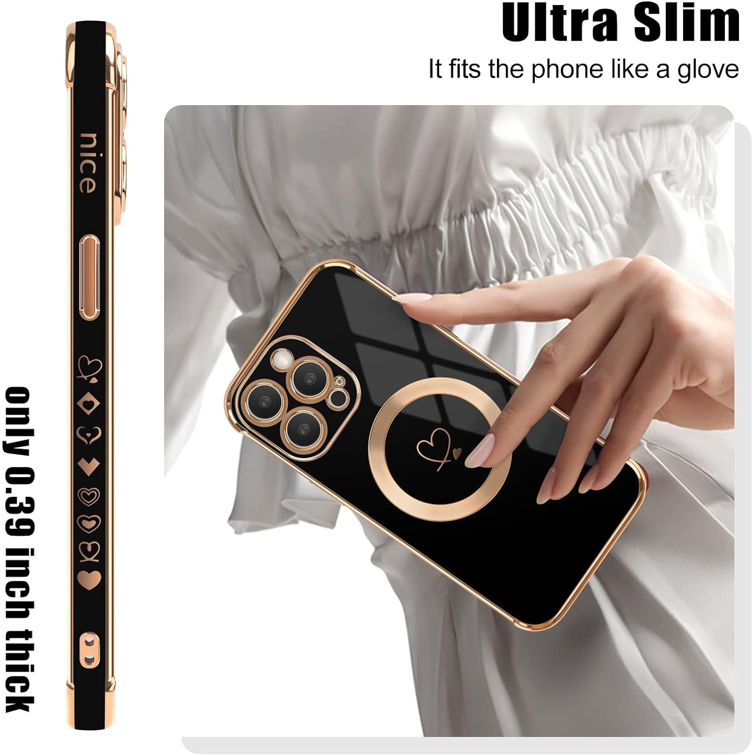 Étui magnétique pour iPhone 14 Pro Max [compatible avec MagSafe], filles femmes cute Love Heart Pattern Plating