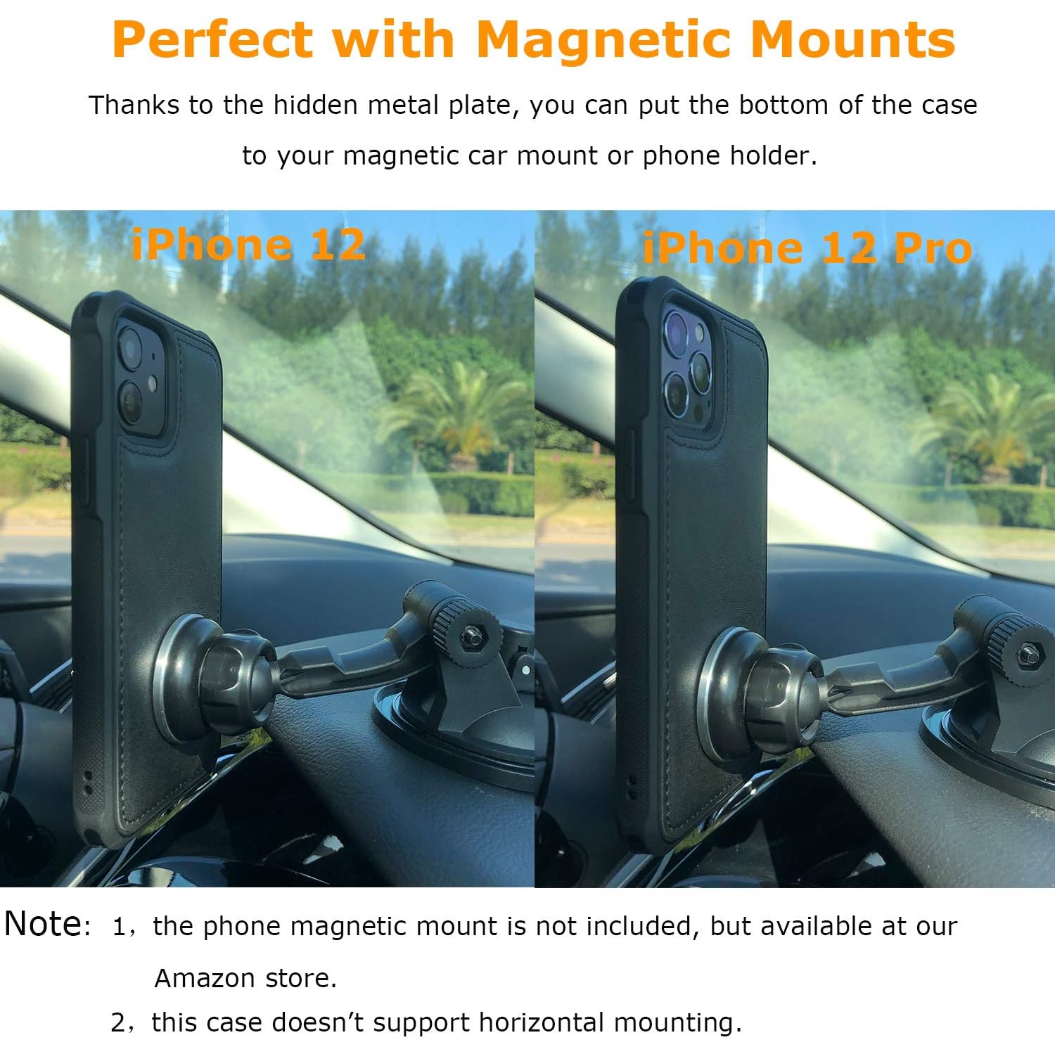 MAG Series iPhone 12 and iPhone 12 Pro Case with Faux Leather, Built-in Metal Plate for Magnetic Mount, Wireless