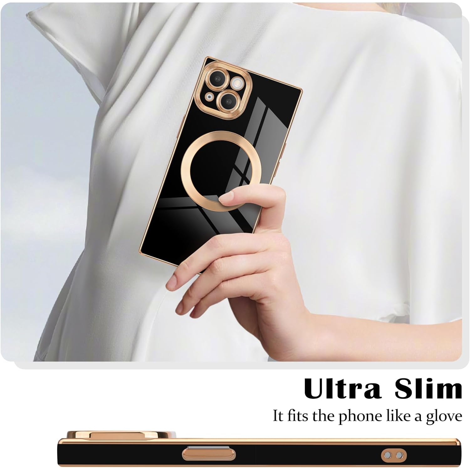 for iPhone 14 Magnetic Case, Luxury Plating Edge Square Case for Women Girls Men Soft TPU Bumper Anti-Scratch