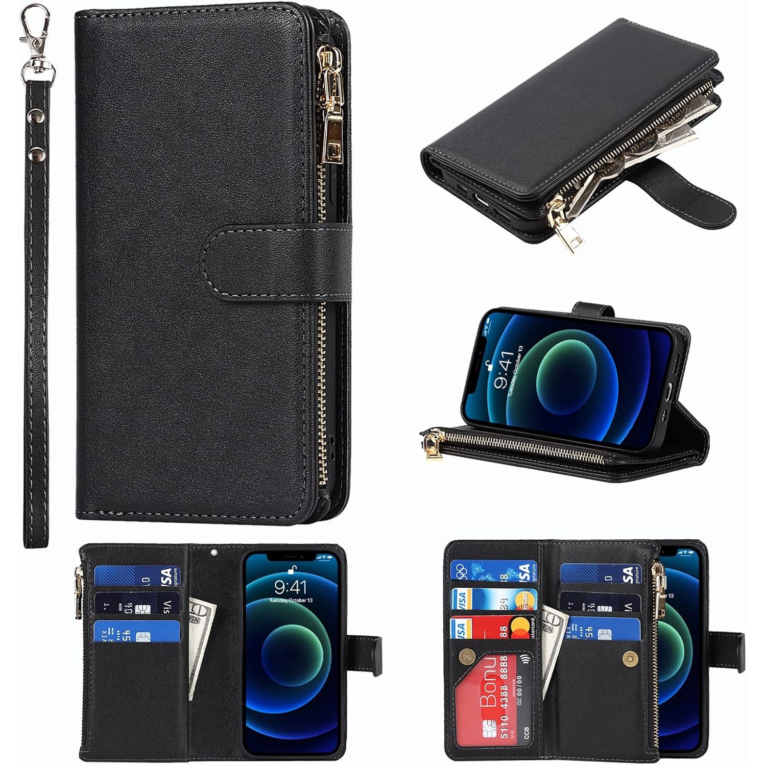 Wallet Case Compatible with iPhone 12 Mini Case,[9 Card Slots] [Wrist Strap] [Stand Feature] Zipper Cash Pocket