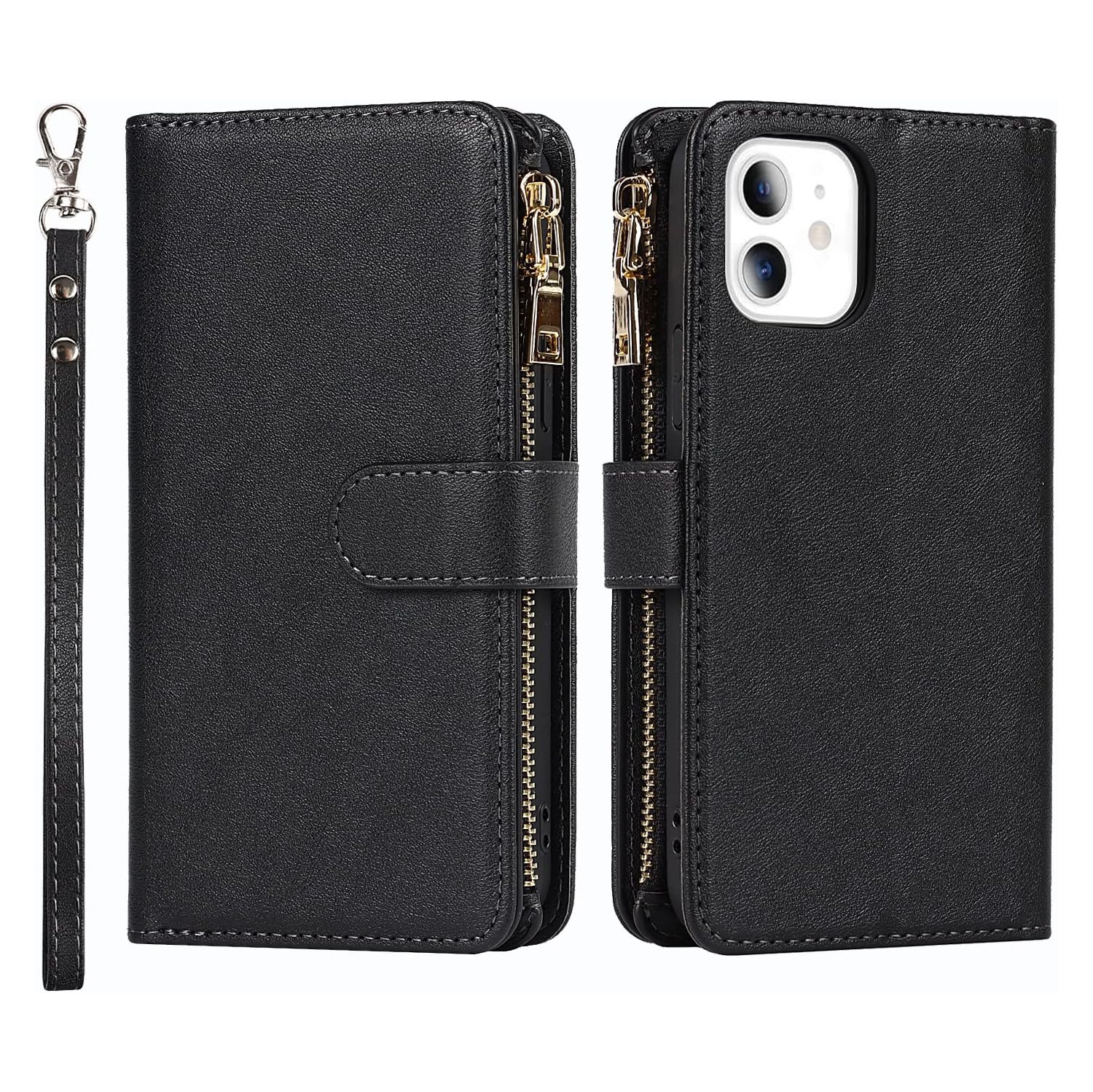 Wallet Case Compatible with iPhone 12 Mini Case,[9 Card Slots] [Wrist Strap] [Stand Feature] Zipper Cash Pocket