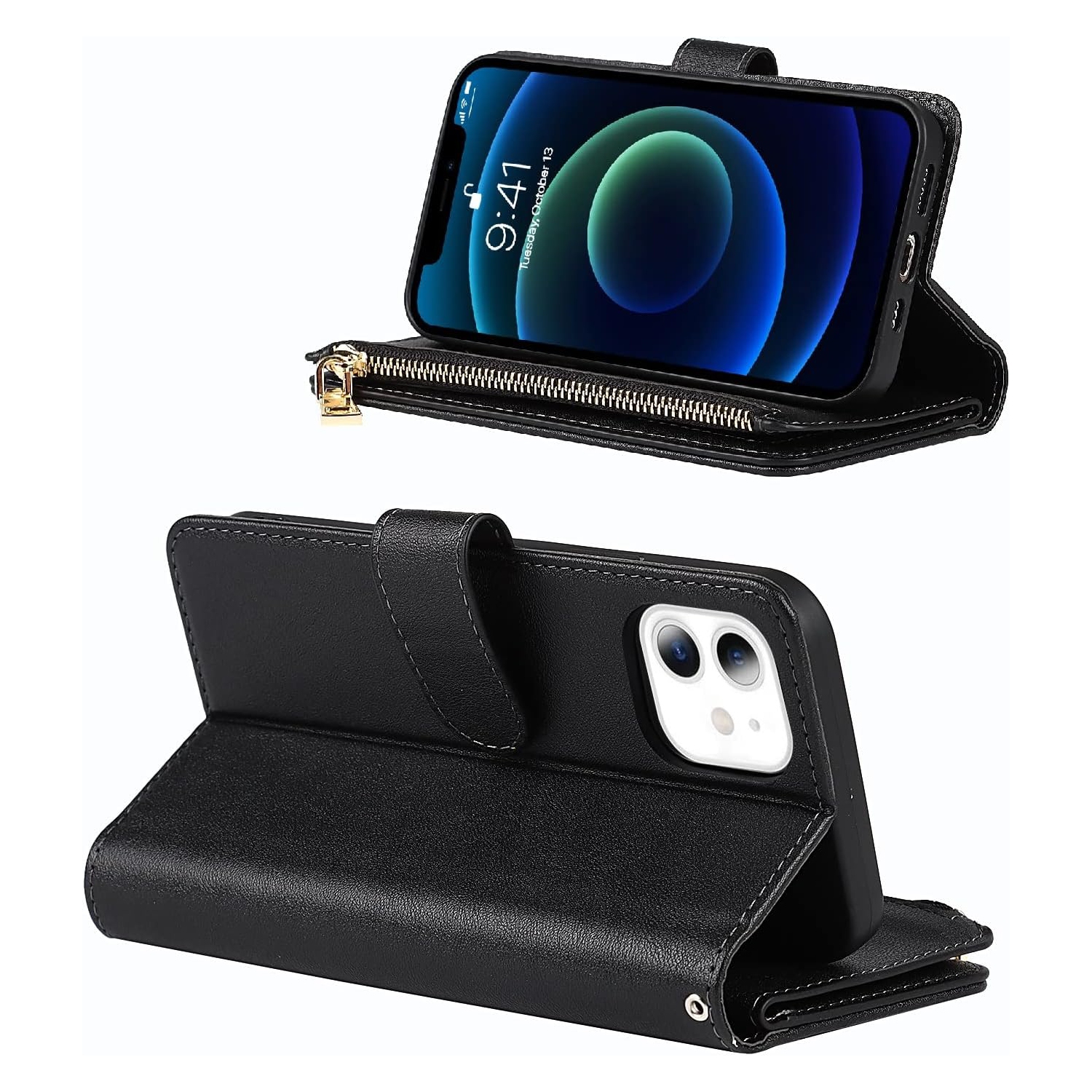 Wallet Case Compatible with iPhone 12 Mini Case,[9 Card Slots] [Wrist Strap] [Stand Feature] Zipper Cash Pocket