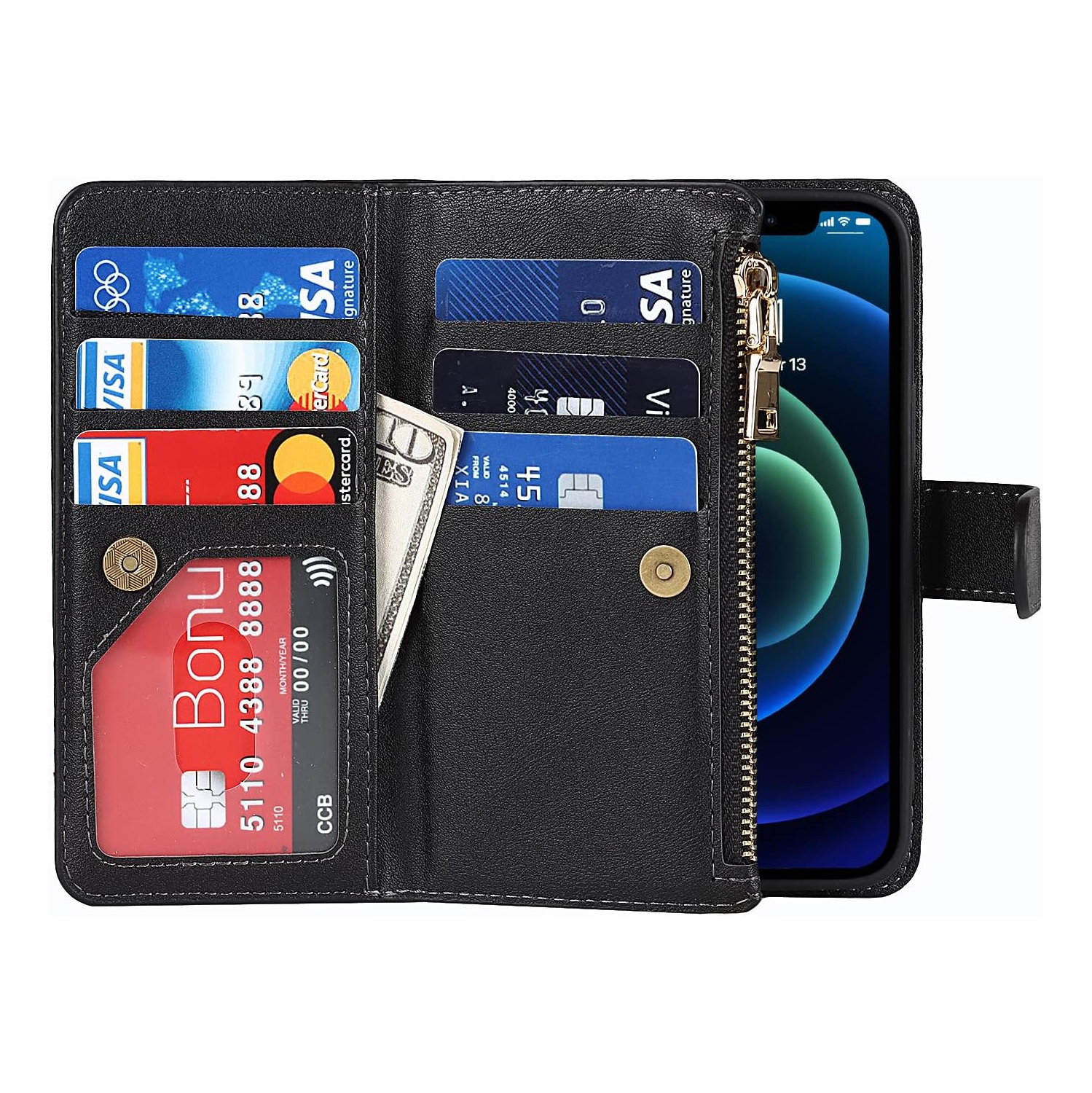 Wallet Case Compatible with iPhone 12 Mini Case,[9 Card Slots] [Wrist Strap] [Stand Feature] Zipper Cash Pocket