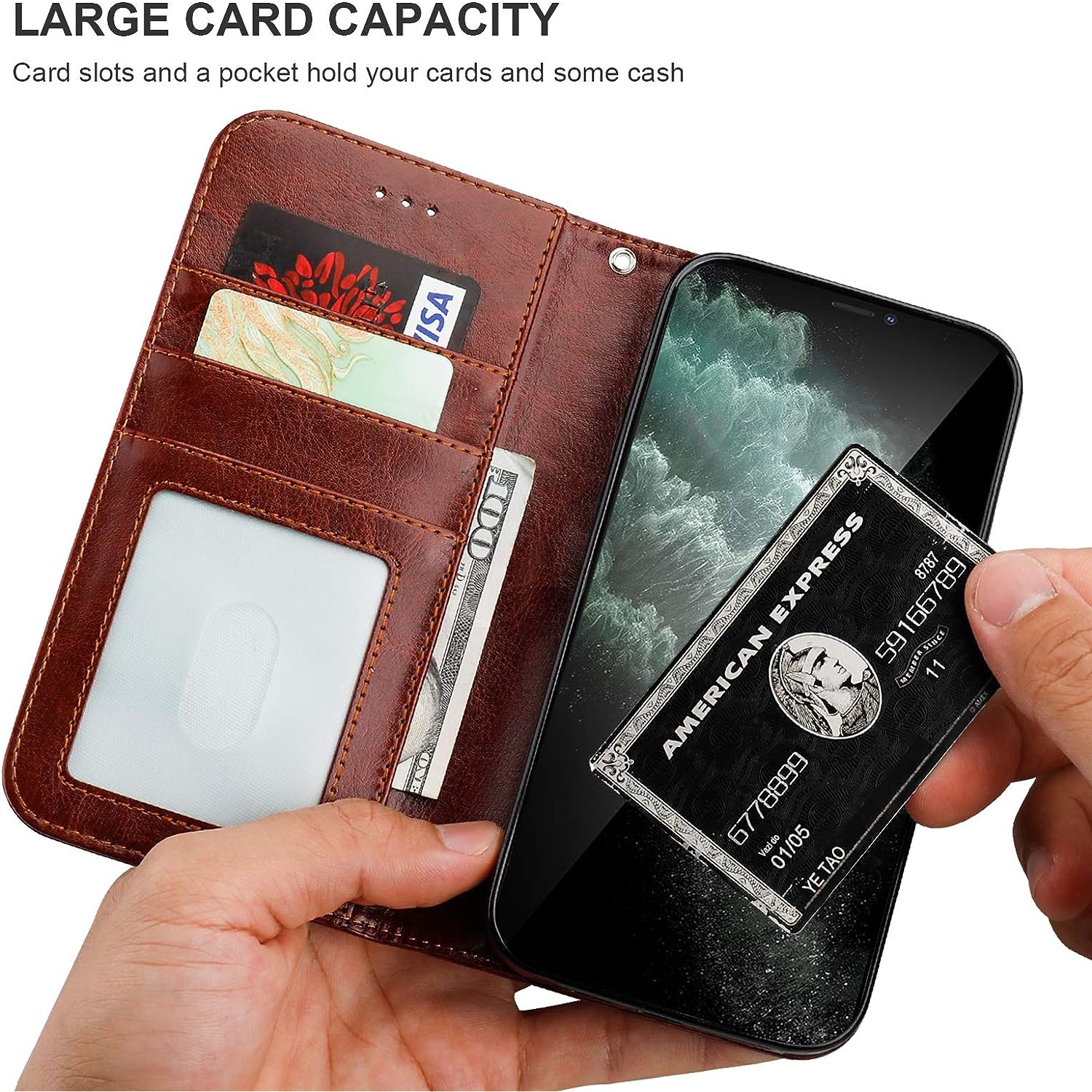 iPhone 11 Pro Max Wallet Case with Card Holder PU Leather Magnetic Detachable Kickstand Shockproof Wrist Strap