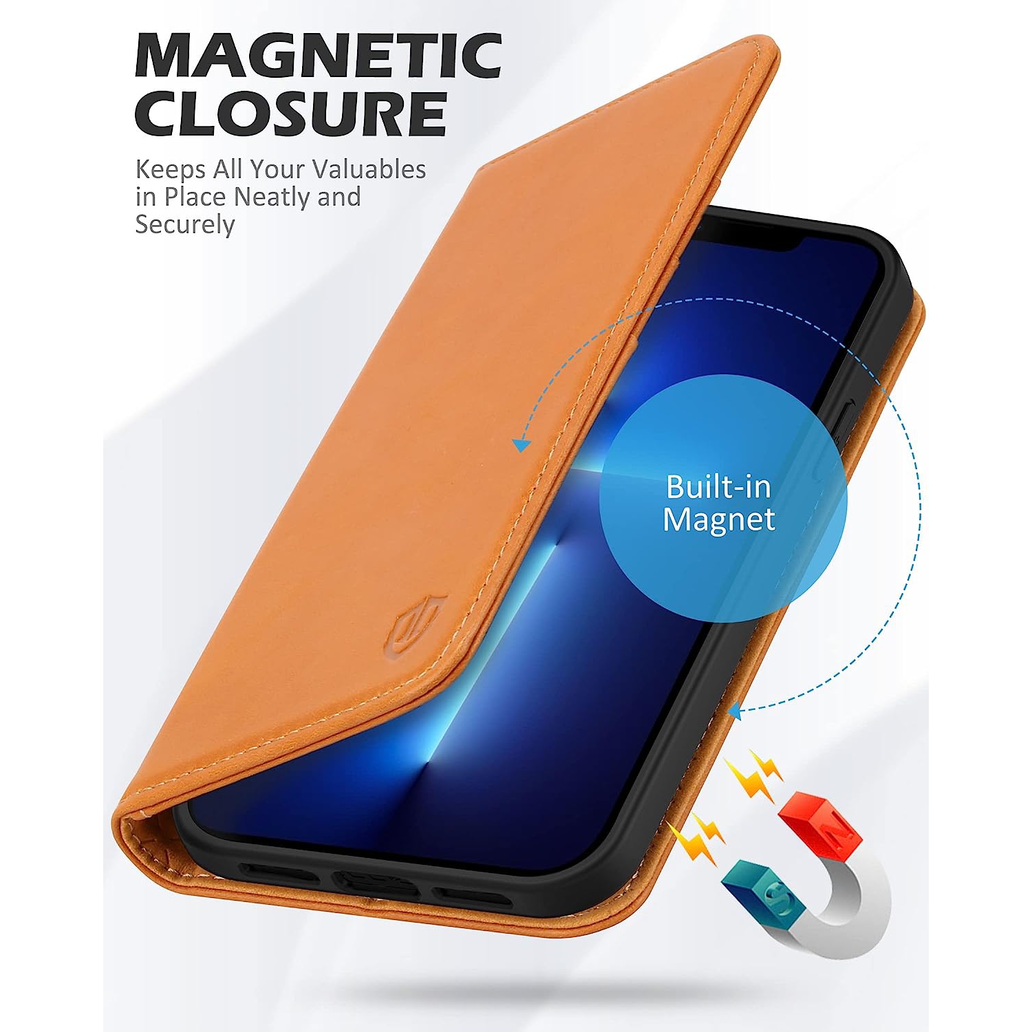 Case for iPhone 13 Mini 5G, Genuine Leather Wallet Folio Case Magnetic Closure RFID Blocking Card Slots