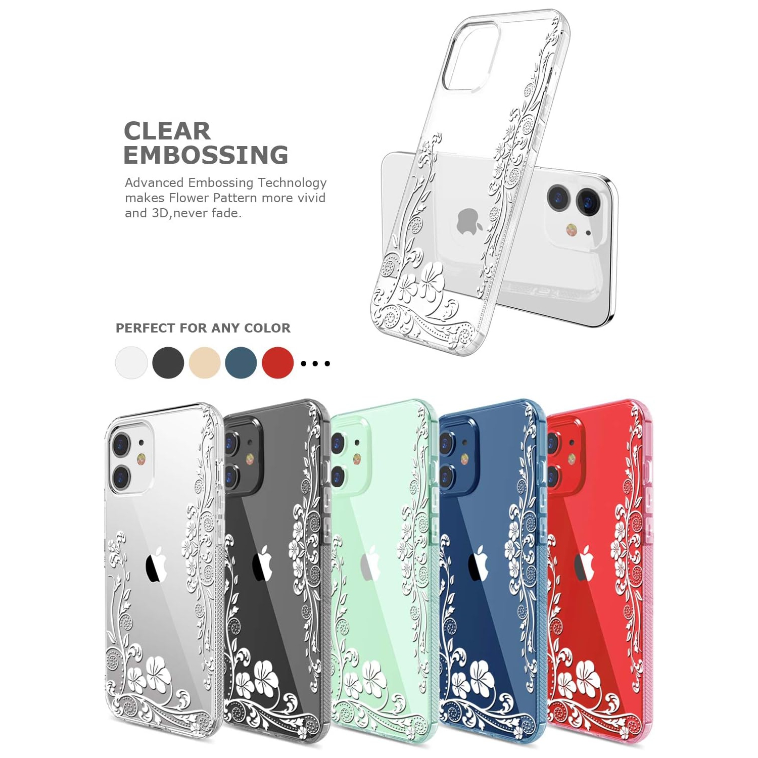 Non Slip Flower Clear Case for iPhone 12 Mini 5.4 Inch,Drop Protection Floral Design Phone Case for Women