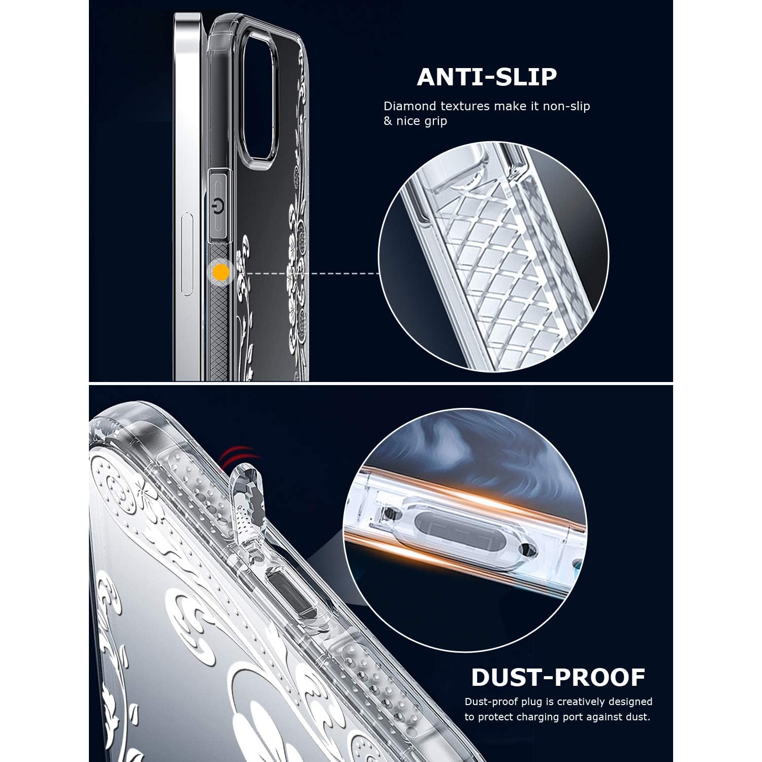 Non Slip Flower Clear Case for iPhone 12 Mini 5.4 Inch,Drop Protection Floral Design Phone Case for Women