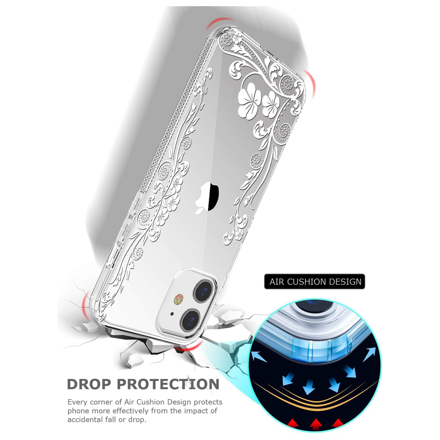 Non Slip Flower Clear Case for iPhone 12 Mini 5.4 Inch,Drop Protection Floral Design Phone Case for Women