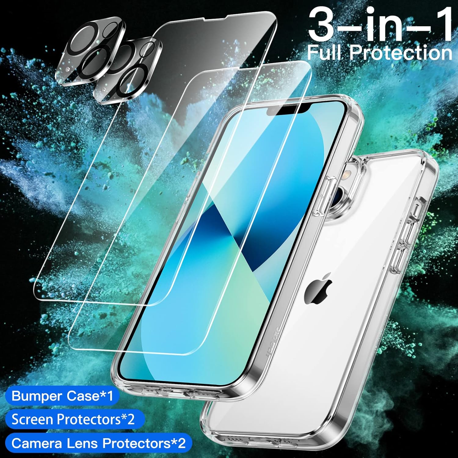 3 in 1 Case for iPhone 13 Mini 5.4-Inch, with 2-Pack Screen Protector and 2-Pack Camera Lens Protector,