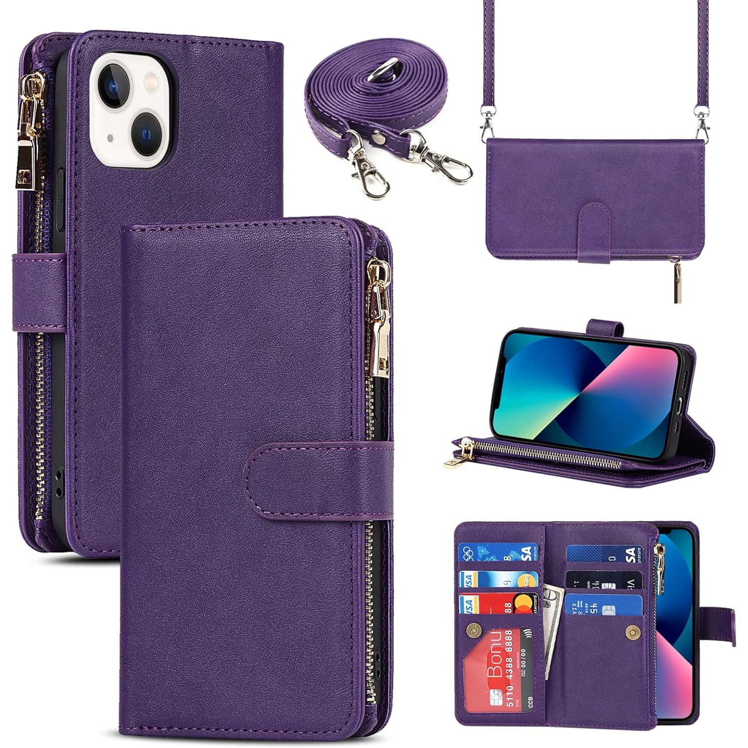 Compatible with iPhone 13 Mini Wallet Case,[9 Card Slots] Removable Adjustable Crossbody Necklace Lanyard