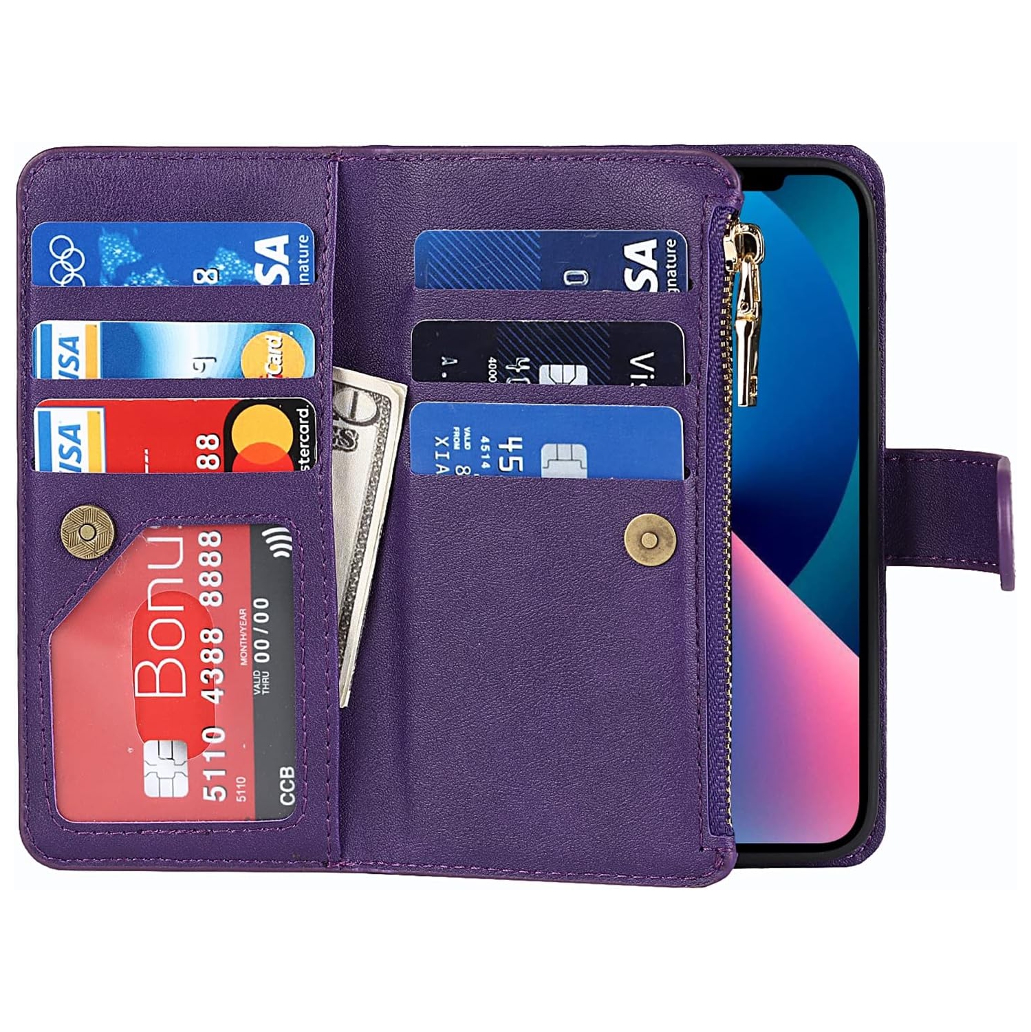 Compatible with iPhone 13 Mini Wallet Case,[9 Card Slots] Removable Adjustable Crossbody Necklace Lanyard
