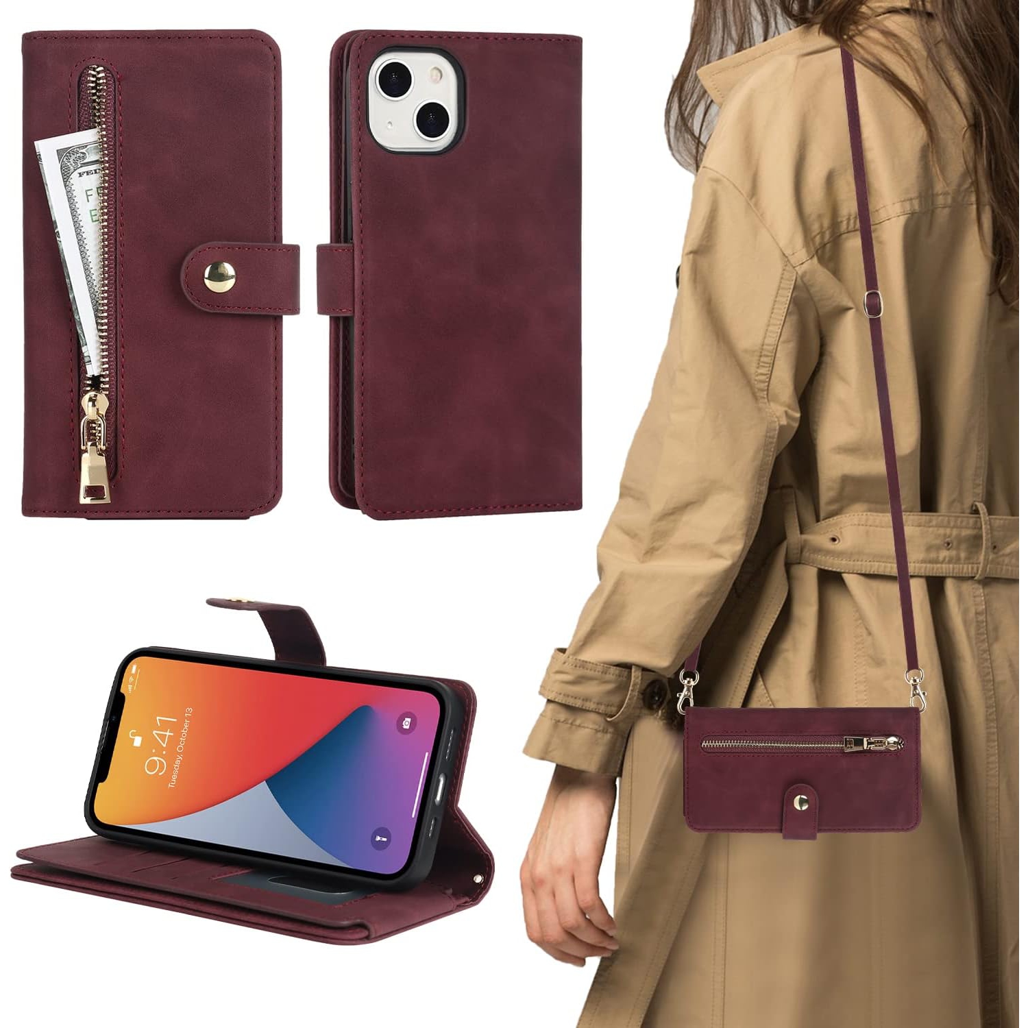 for iPhone 13 Mini Wallet Case with Card Holder, Adjustable Crossbody Lanyard PU Leather Kickstand Card